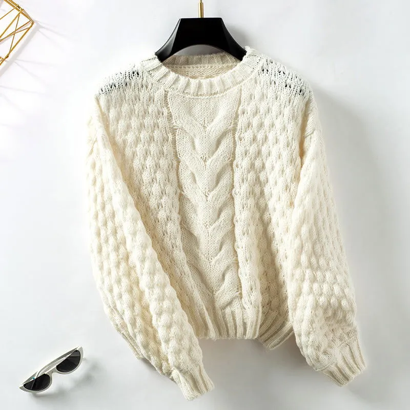 Autumn Winter Hollow Out Cutout Twisted Eight Pullover Sweater Women Loose round Neck Retro Sweater