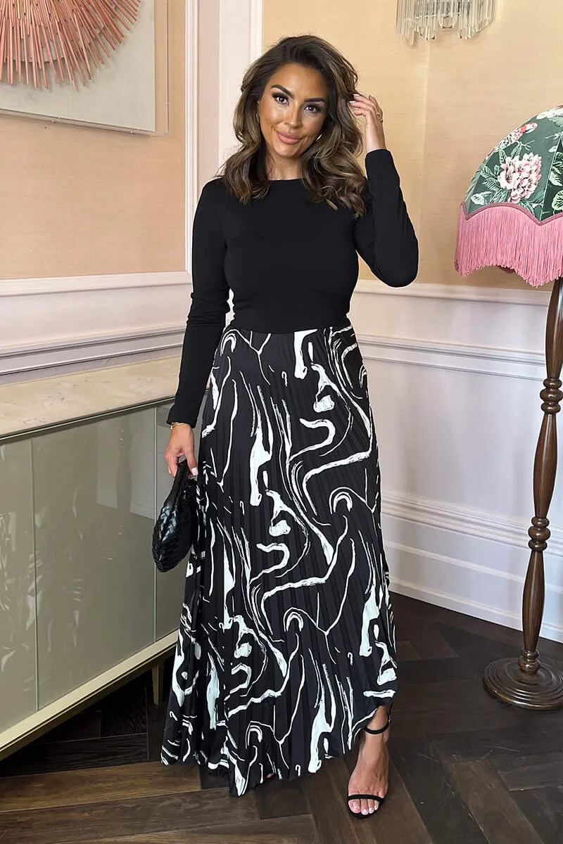 AX PARIS BLACK ABSTRACT STRIPE PRINT 2 IN 1 LONG SLEEVE PLEATED SKIRT MIDI DRESS