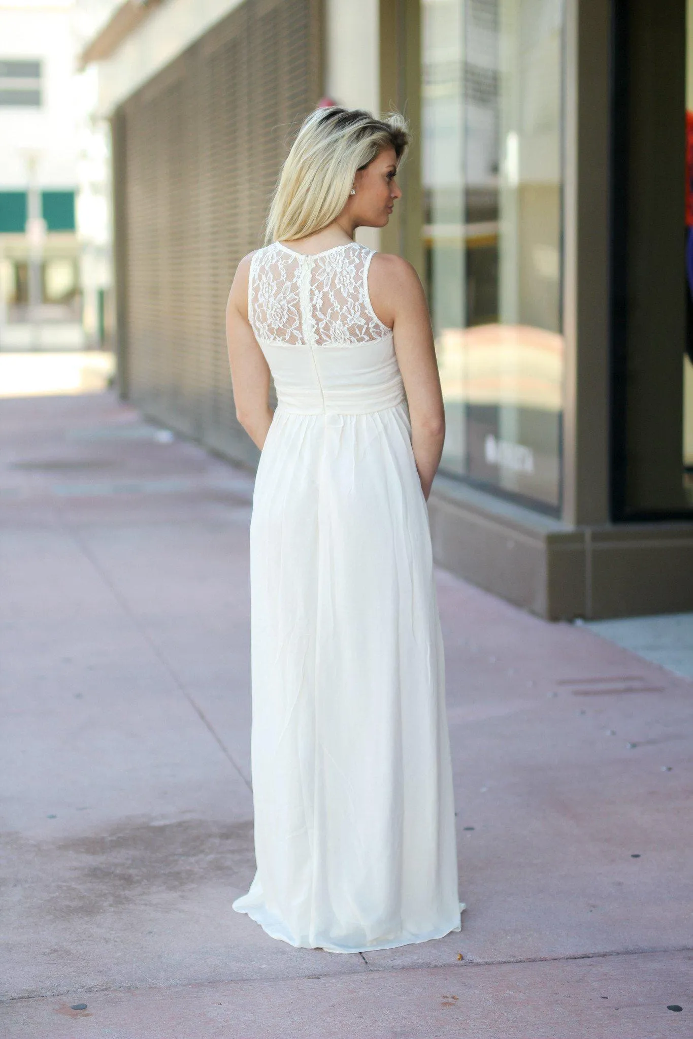 Beige Lace Top Maxi Dress