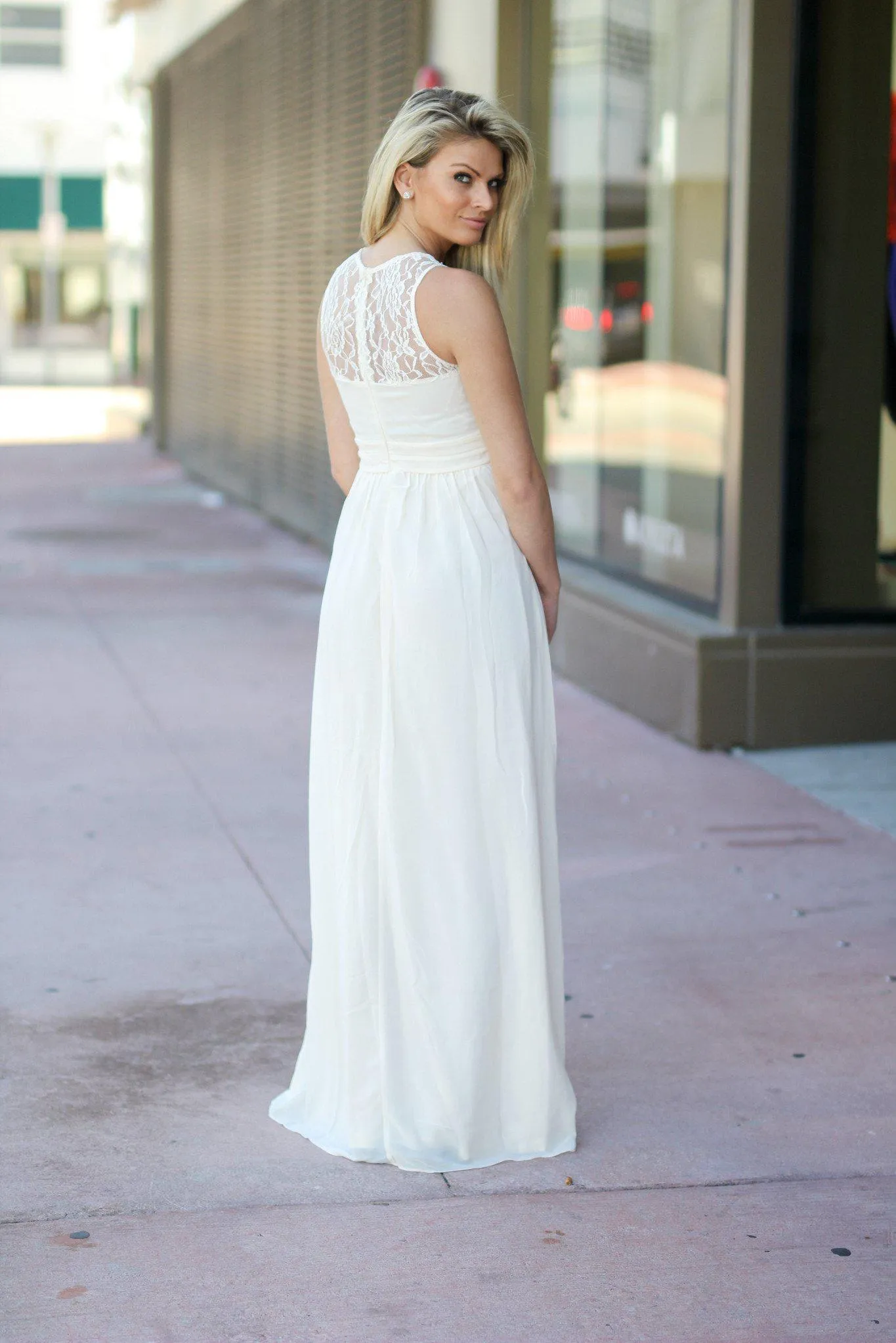 Beige Lace Top Maxi Dress