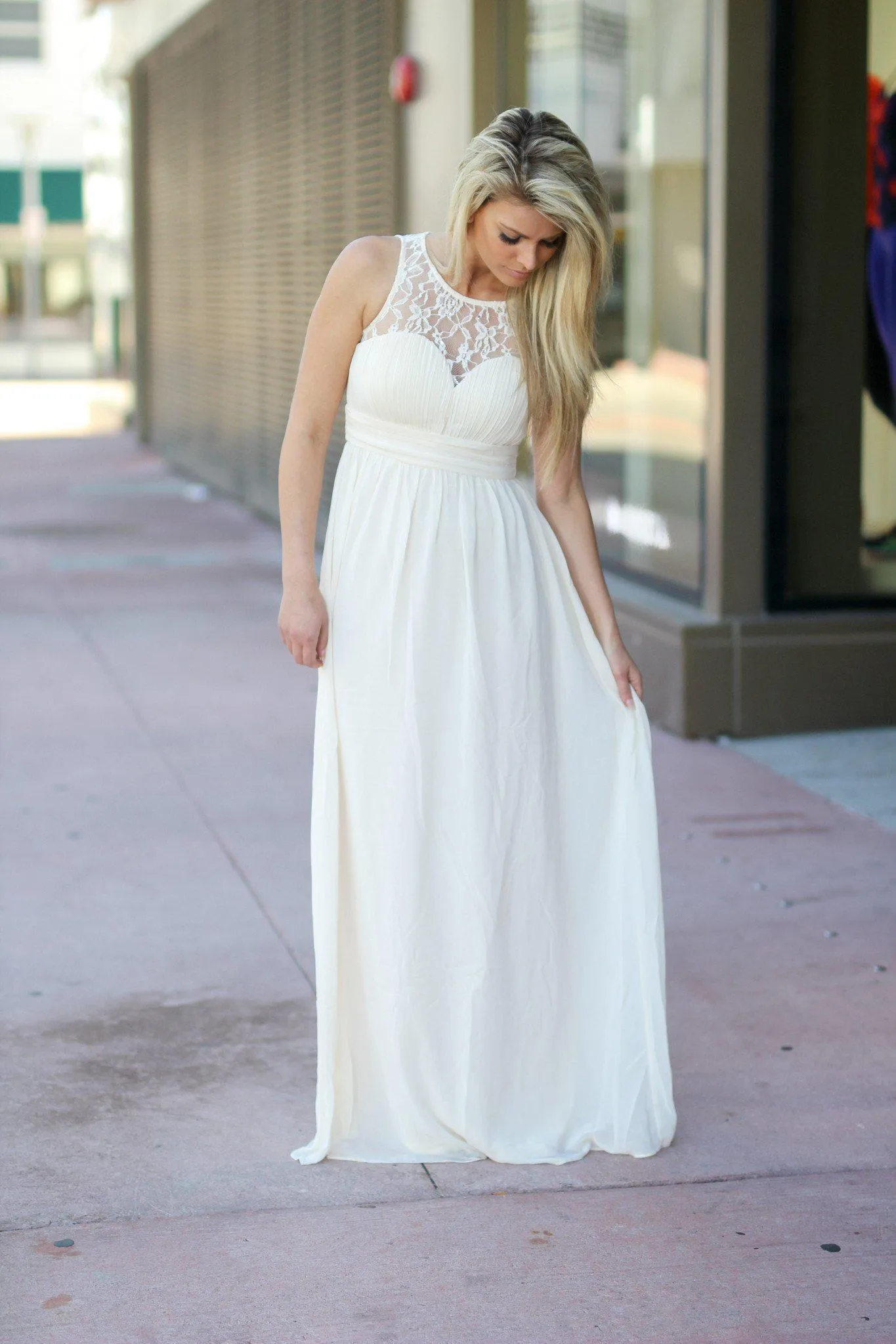 Beige Lace Top Maxi Dress