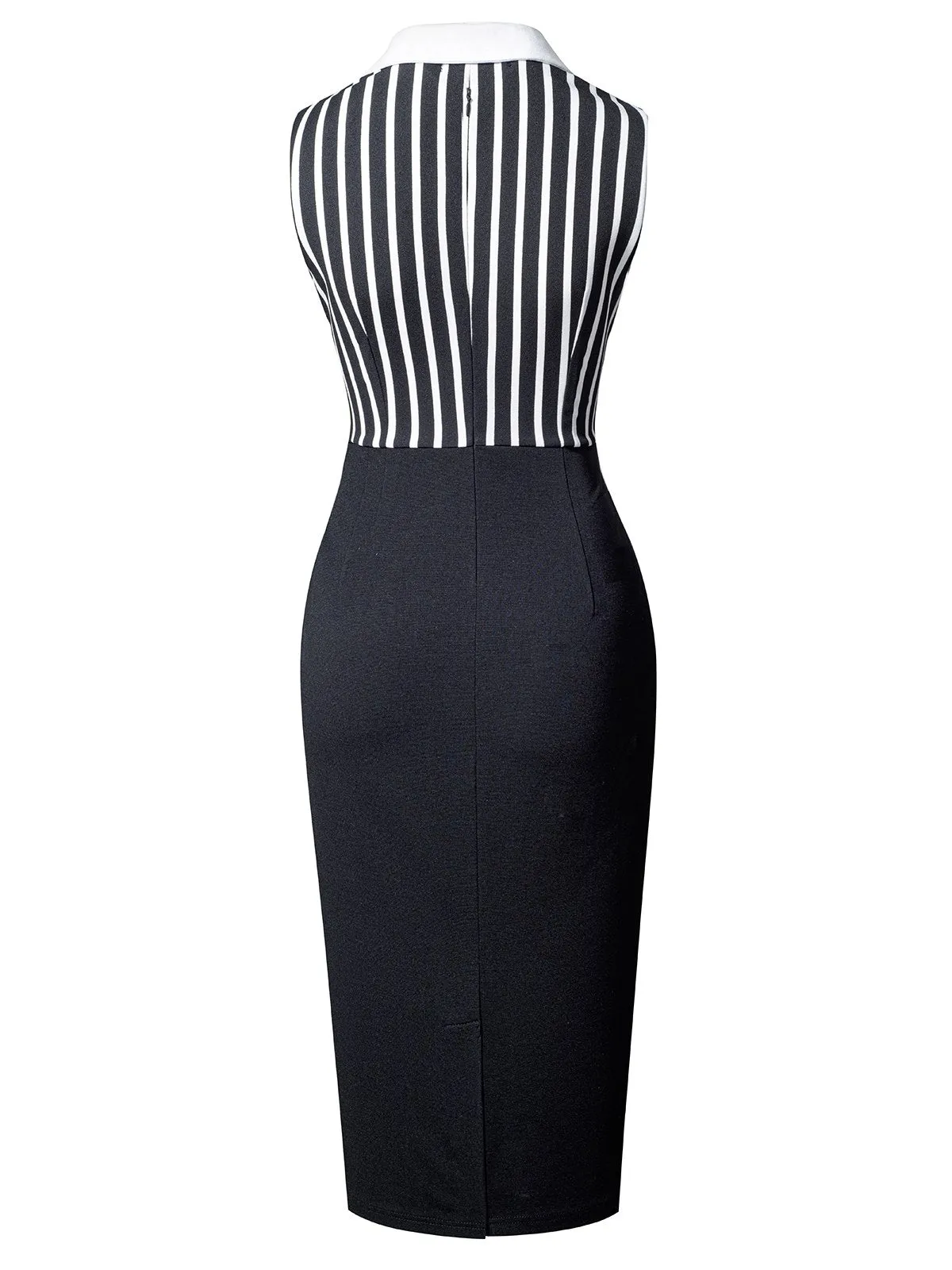 Black 1960s Striped Patchwork Lapel Pencil Dress