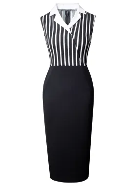 Black 1960s Striped Patchwork Lapel Pencil Dress