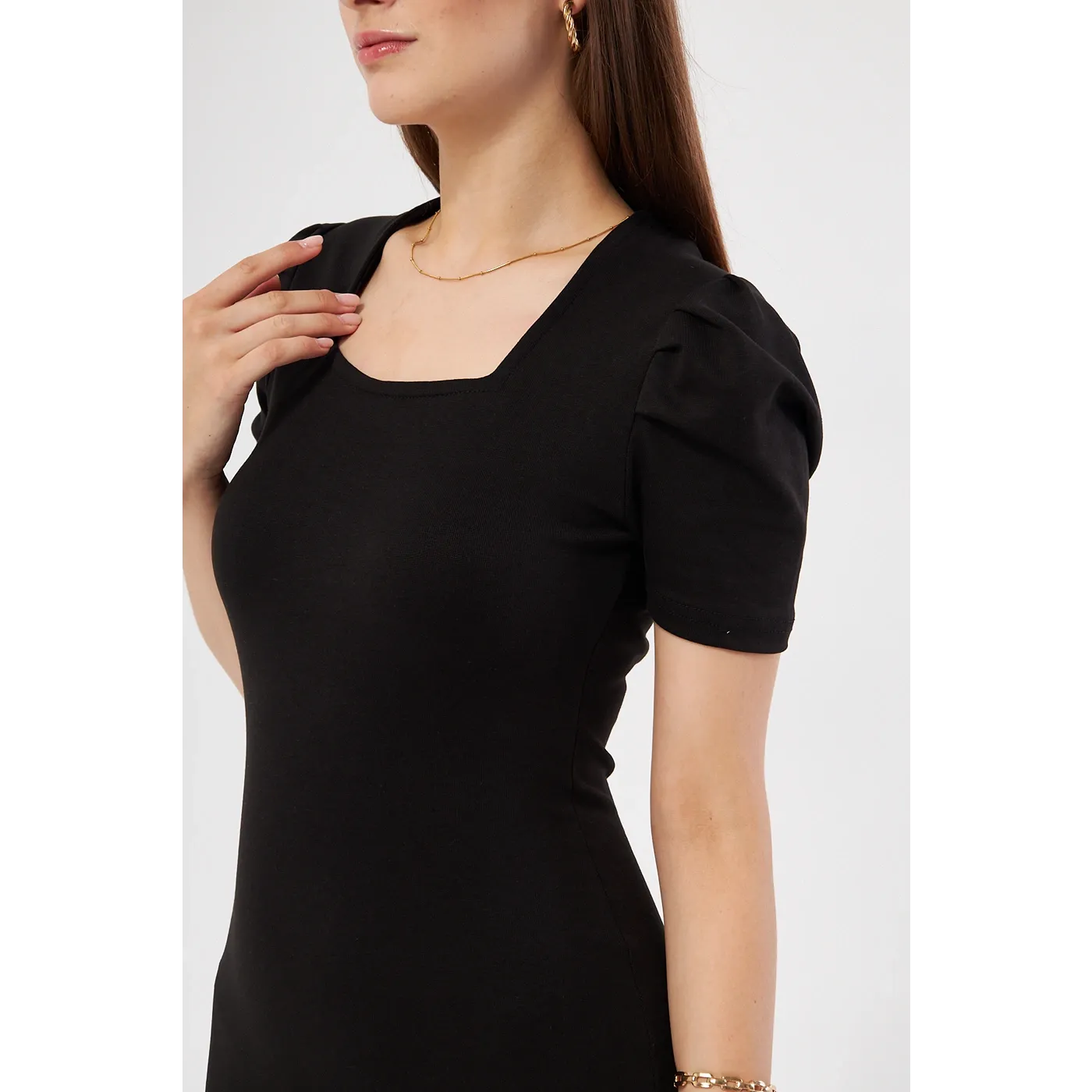 Black Square Neck Puff Sleeves Bodycon Dress