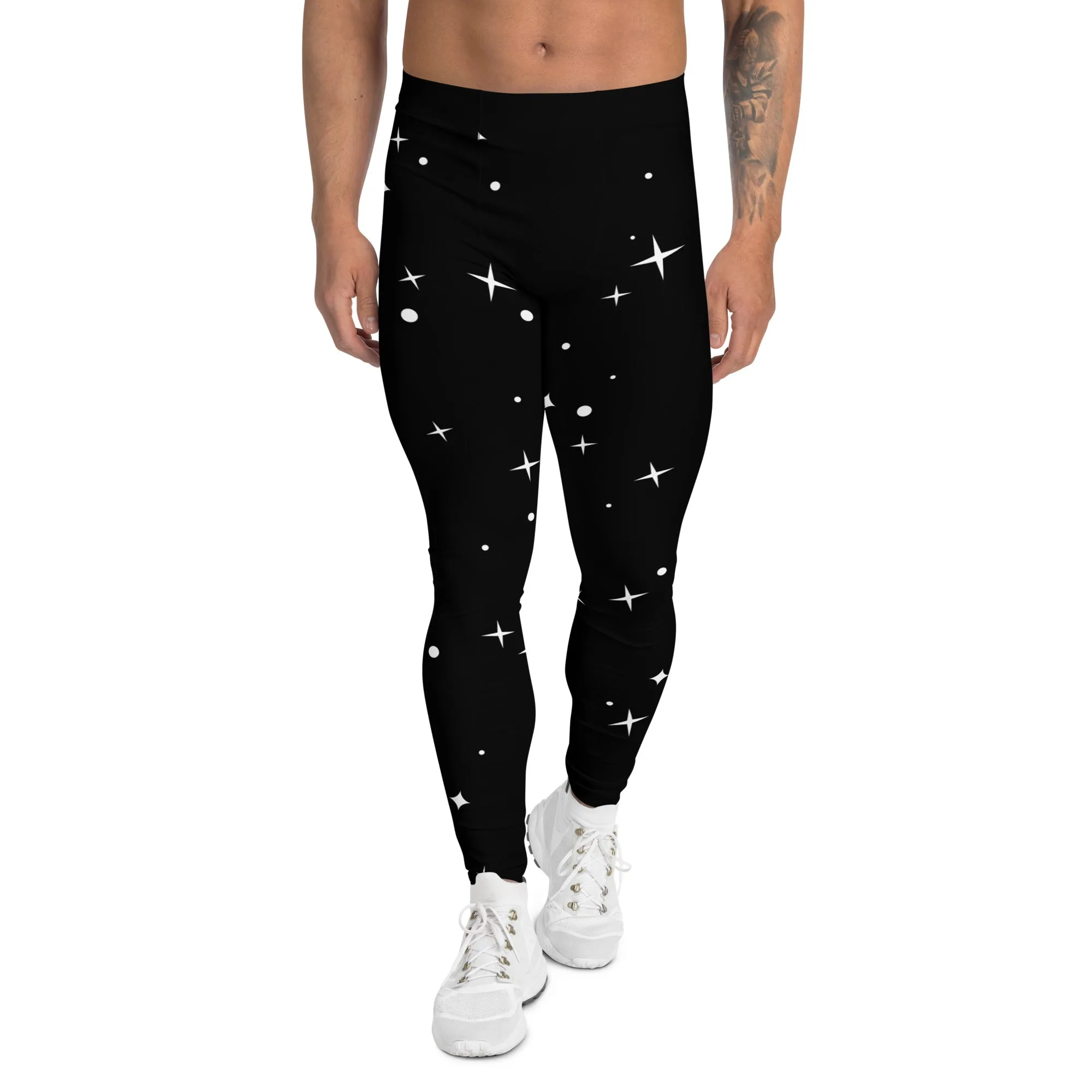 Black Starry Nights Men's Leggings, Stars Pattern Meggings Compression Tights-Made in USA/EU/MX