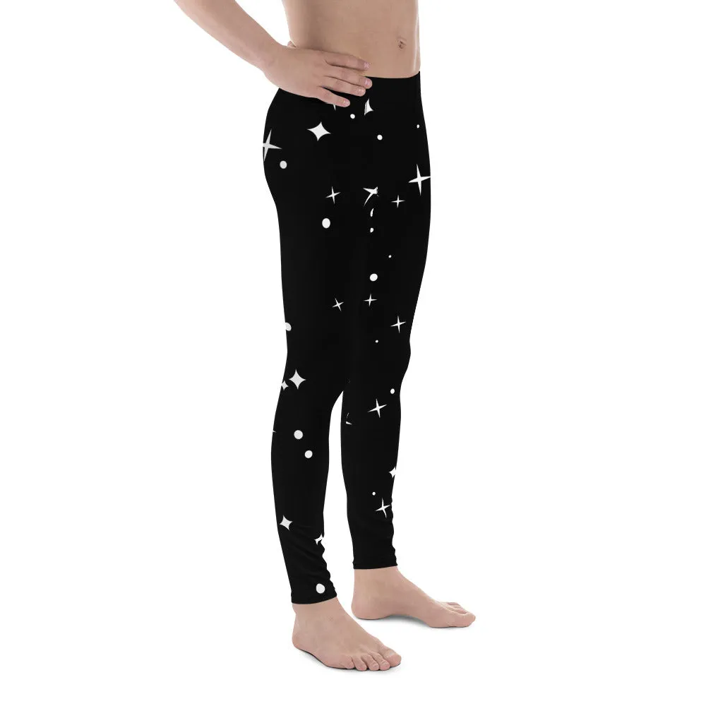 Black Starry Nights Men's Leggings, Stars Pattern Meggings Compression Tights-Made in USA/EU/MX