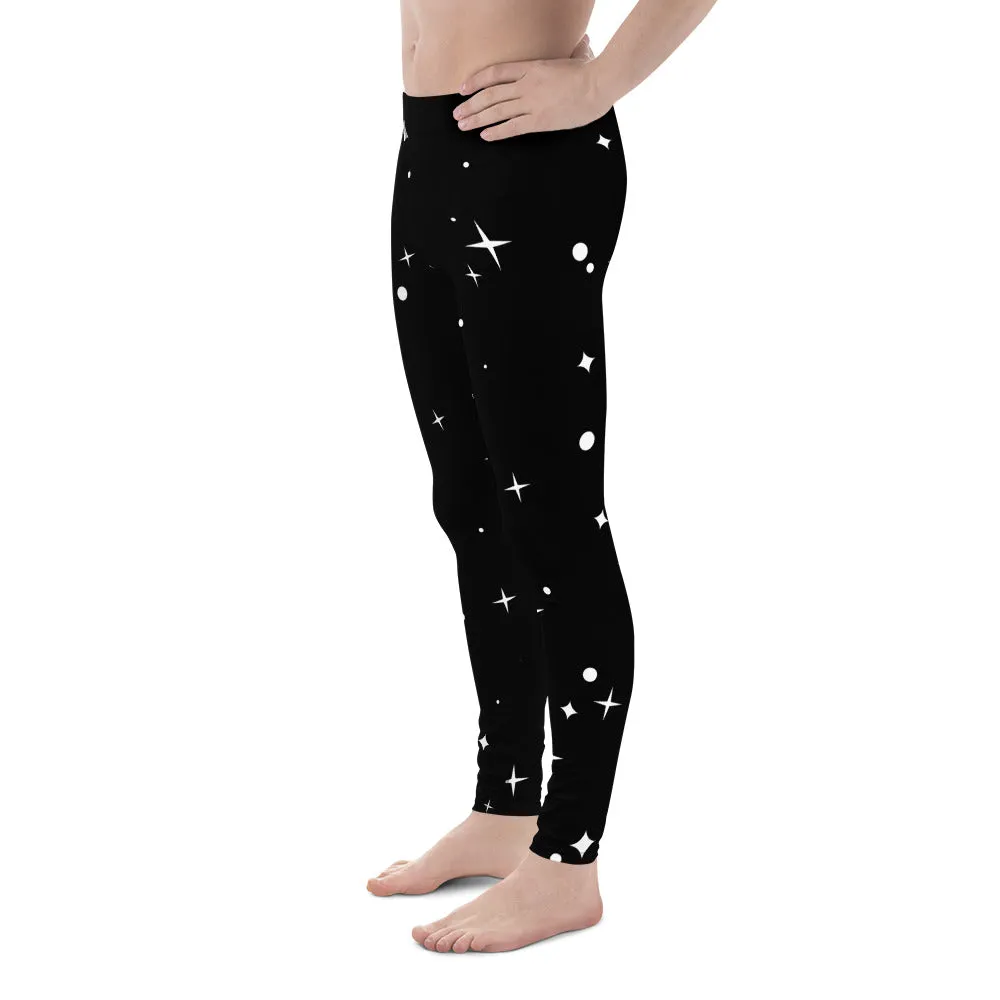 Black Starry Nights Men's Leggings, Stars Pattern Meggings Compression Tights-Made in USA/EU/MX