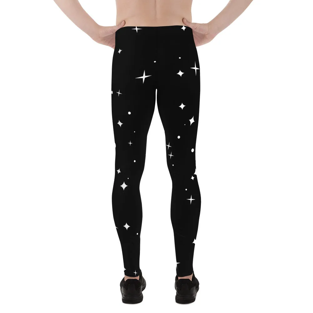 Black Starry Nights Men's Leggings, Stars Pattern Meggings Compression Tights-Made in USA/EU/MX