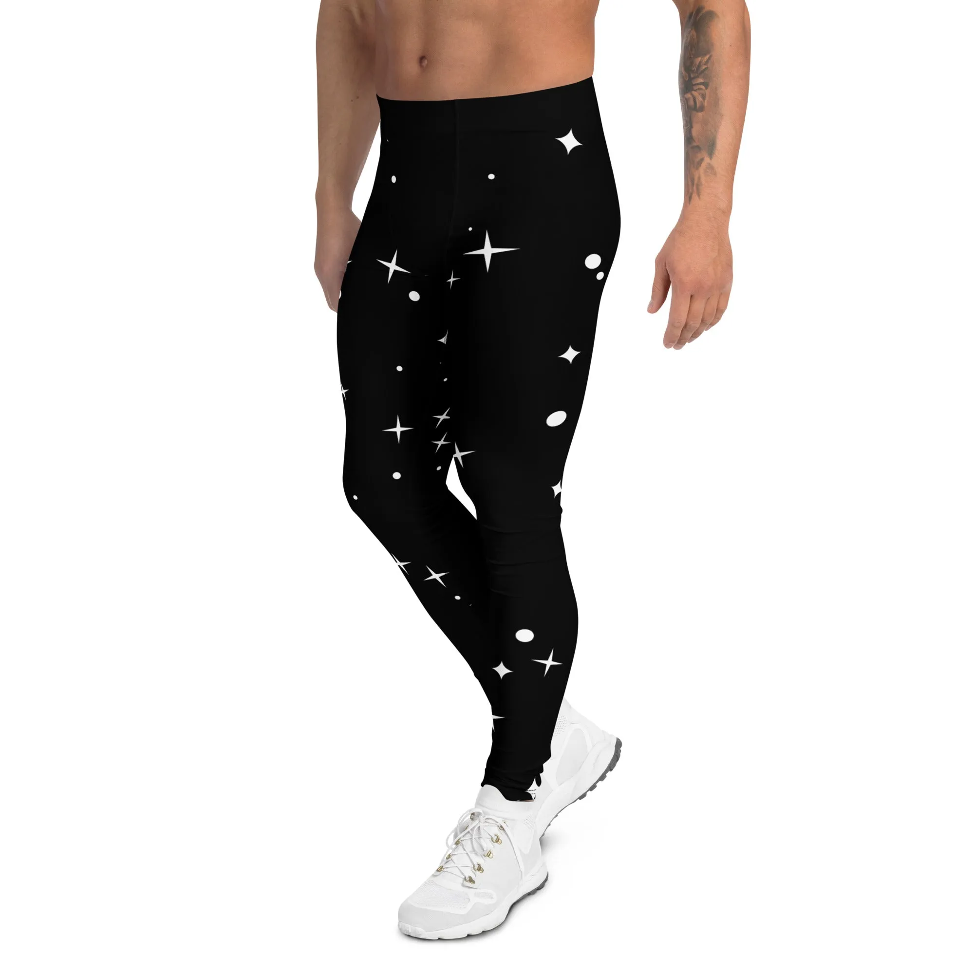 Black Starry Nights Men's Leggings, Stars Pattern Meggings Compression Tights-Made in USA/EU/MX