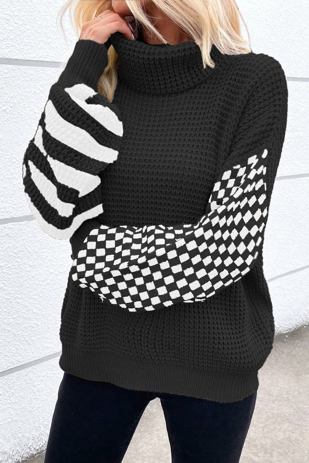 Black Striped Plaid Patchwork Waffle Knit Turtleneck Sweater