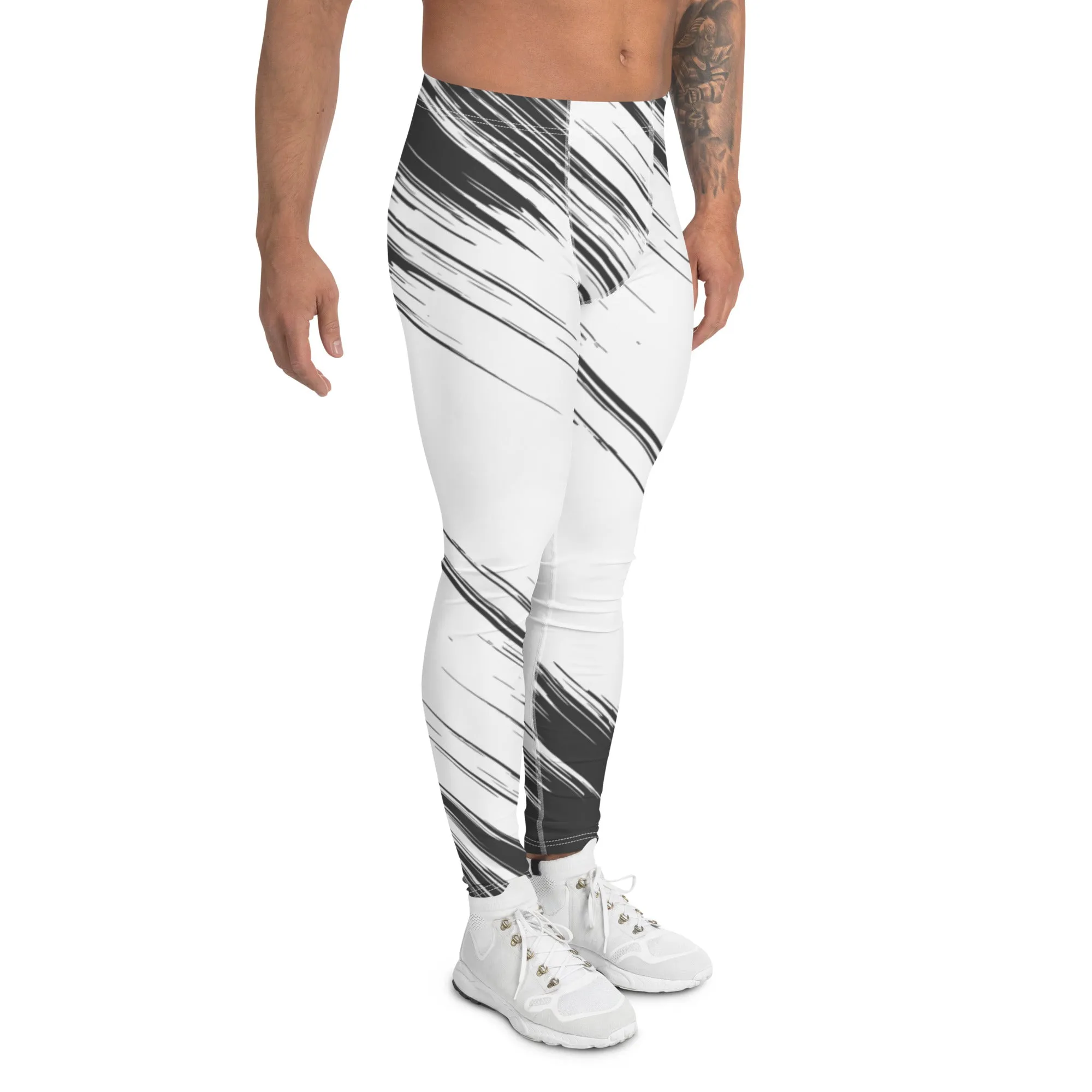 Black White Abstract Men's Leggings, Best Modern Minimalist Premium Meggings Running Tights-Made in USA/EU