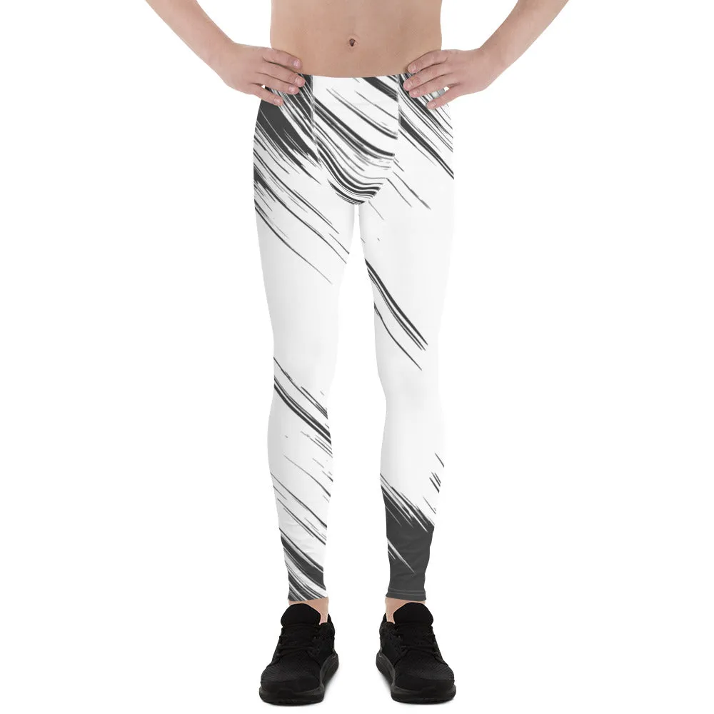 Black White Abstract Men's Leggings, Best Modern Minimalist Premium Meggings Running Tights-Made in USA/EU