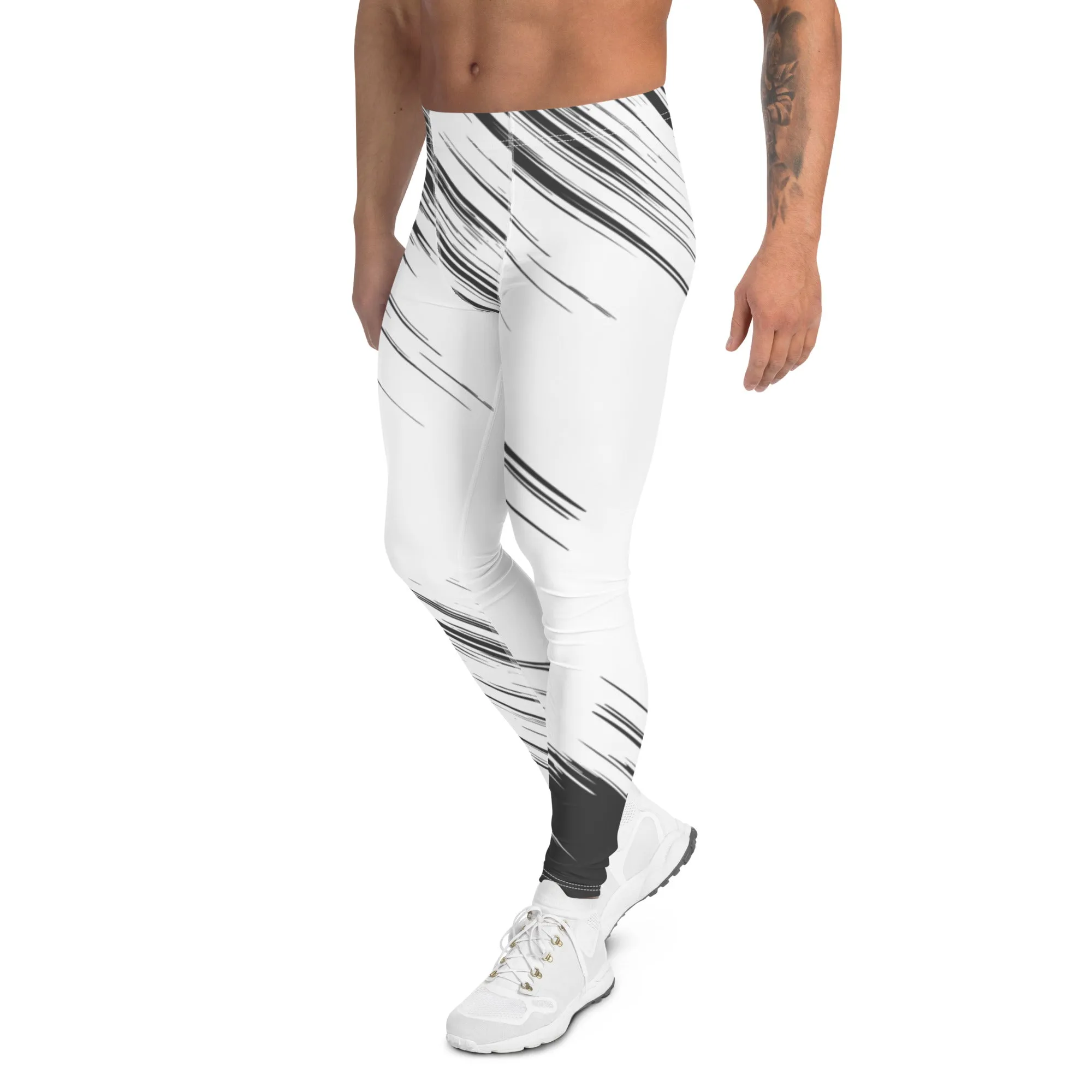 Black White Abstract Men's Leggings, Best Modern Minimalist Premium Meggings Running Tights-Made in USA/EU