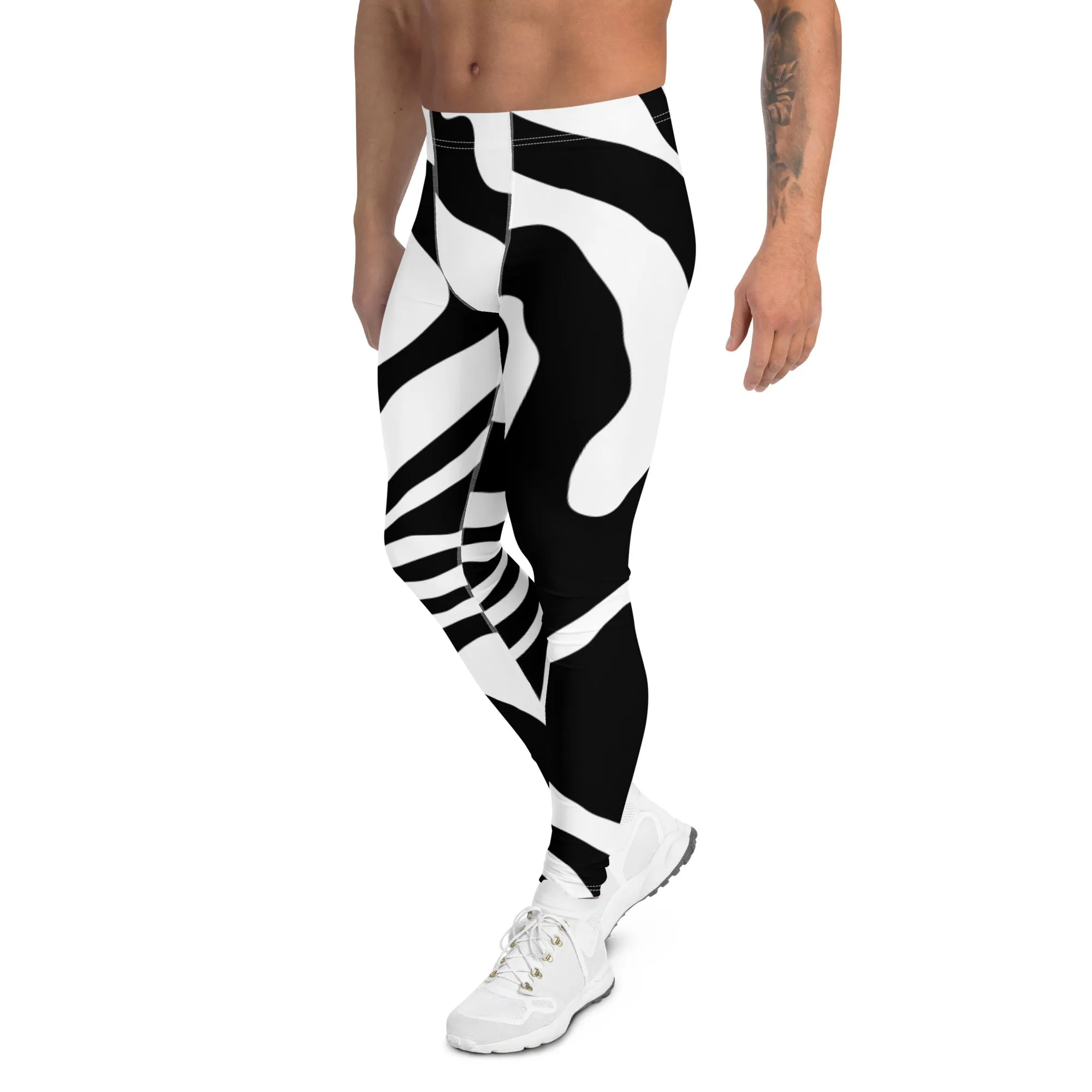 Black White Swirl Meggings, Best Men's Leggings Swirl Running Compression Tights For Men-Made in USA/EU/MX