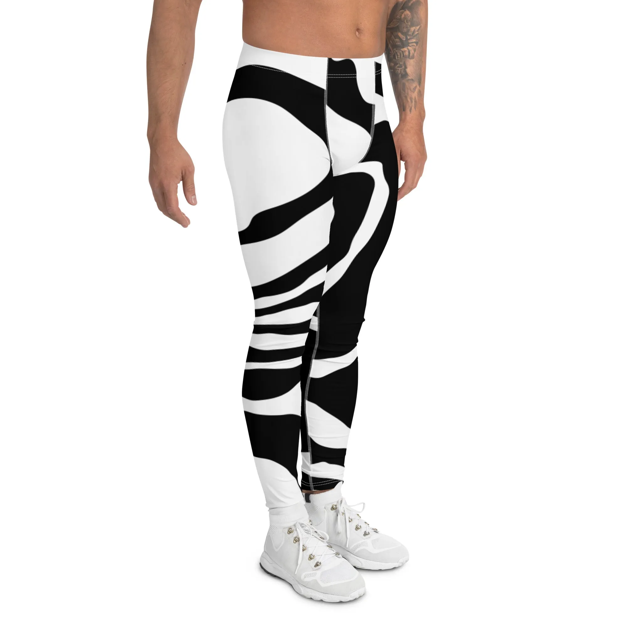 Black White Swirl Meggings, Best Men's Leggings Swirl Running Compression Tights For Men-Made in USA/EU/MX