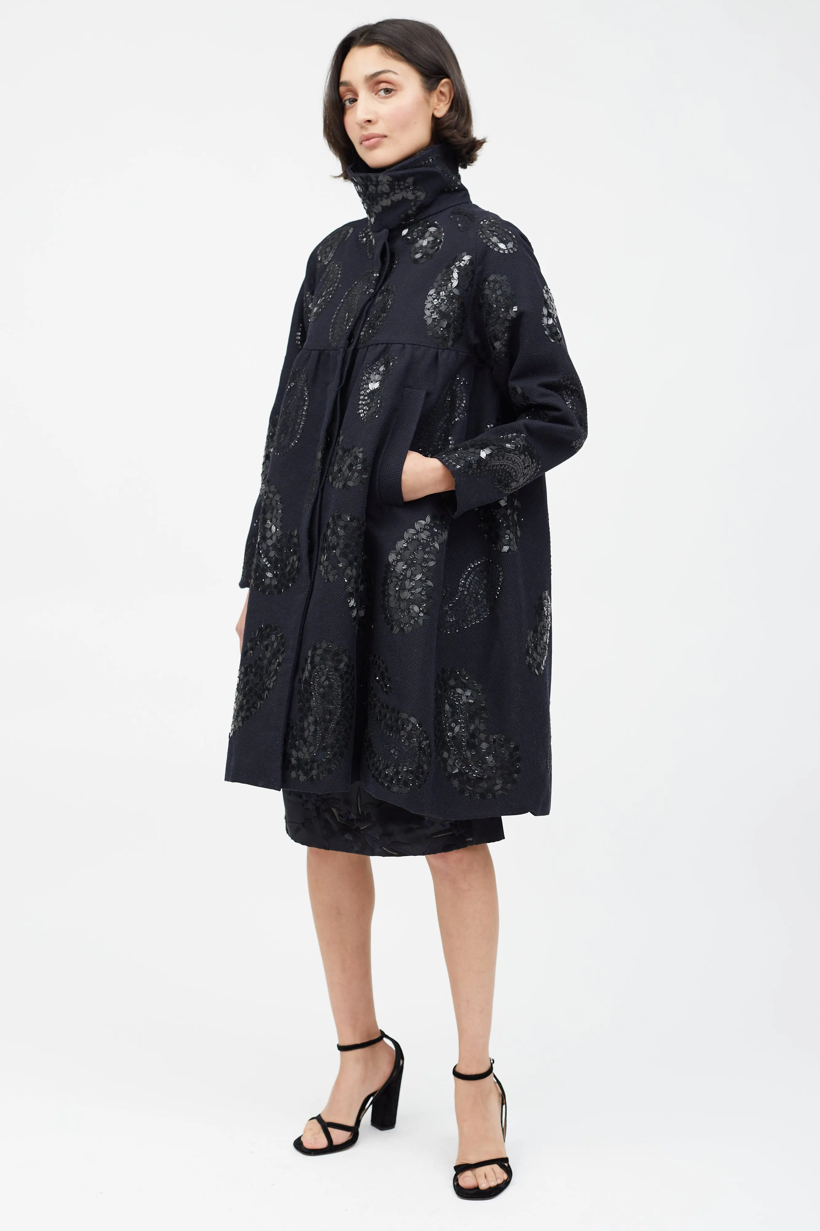 Black Wool & Sequin Paisley Coat