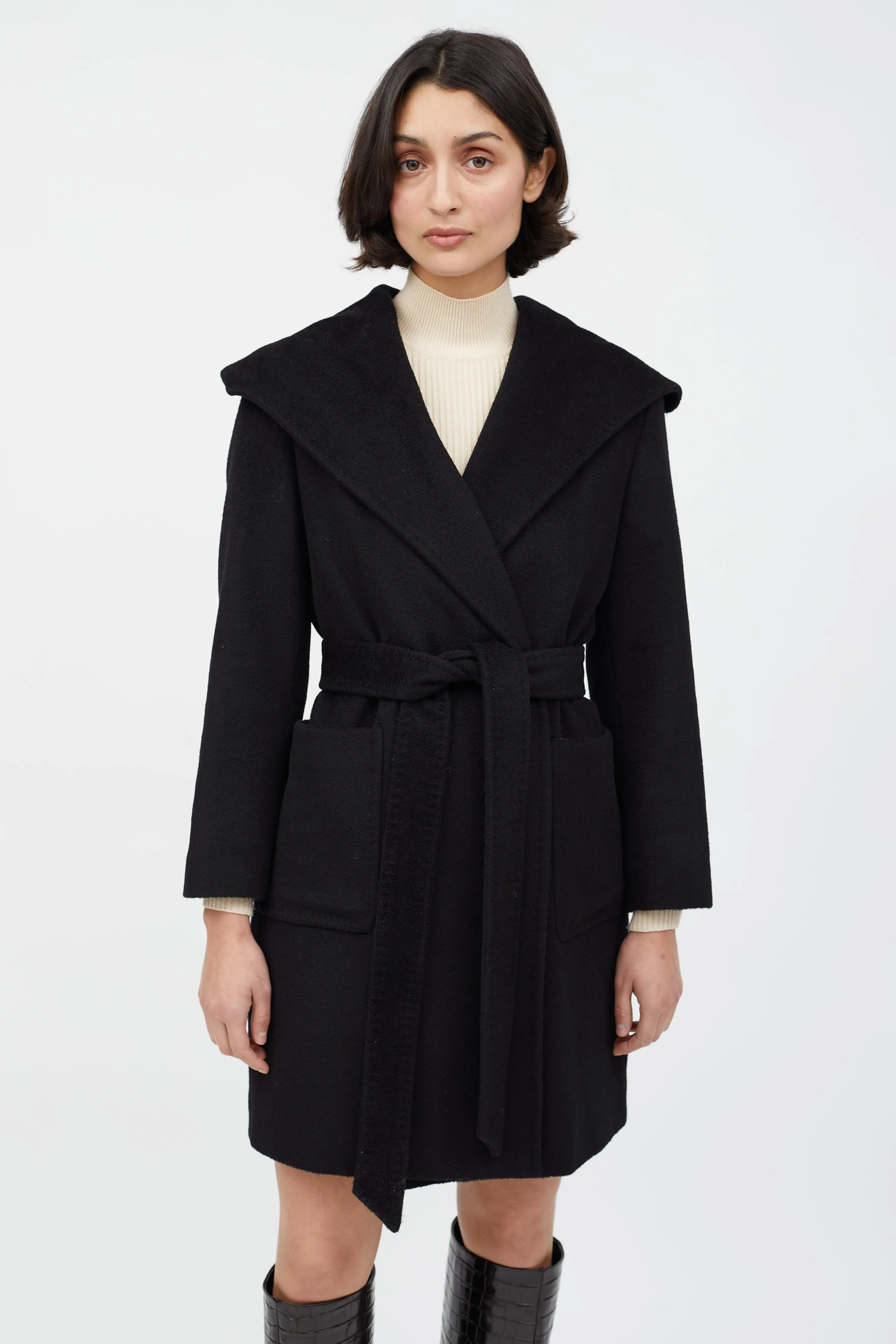 Black Wool Hooded Wrap Coat