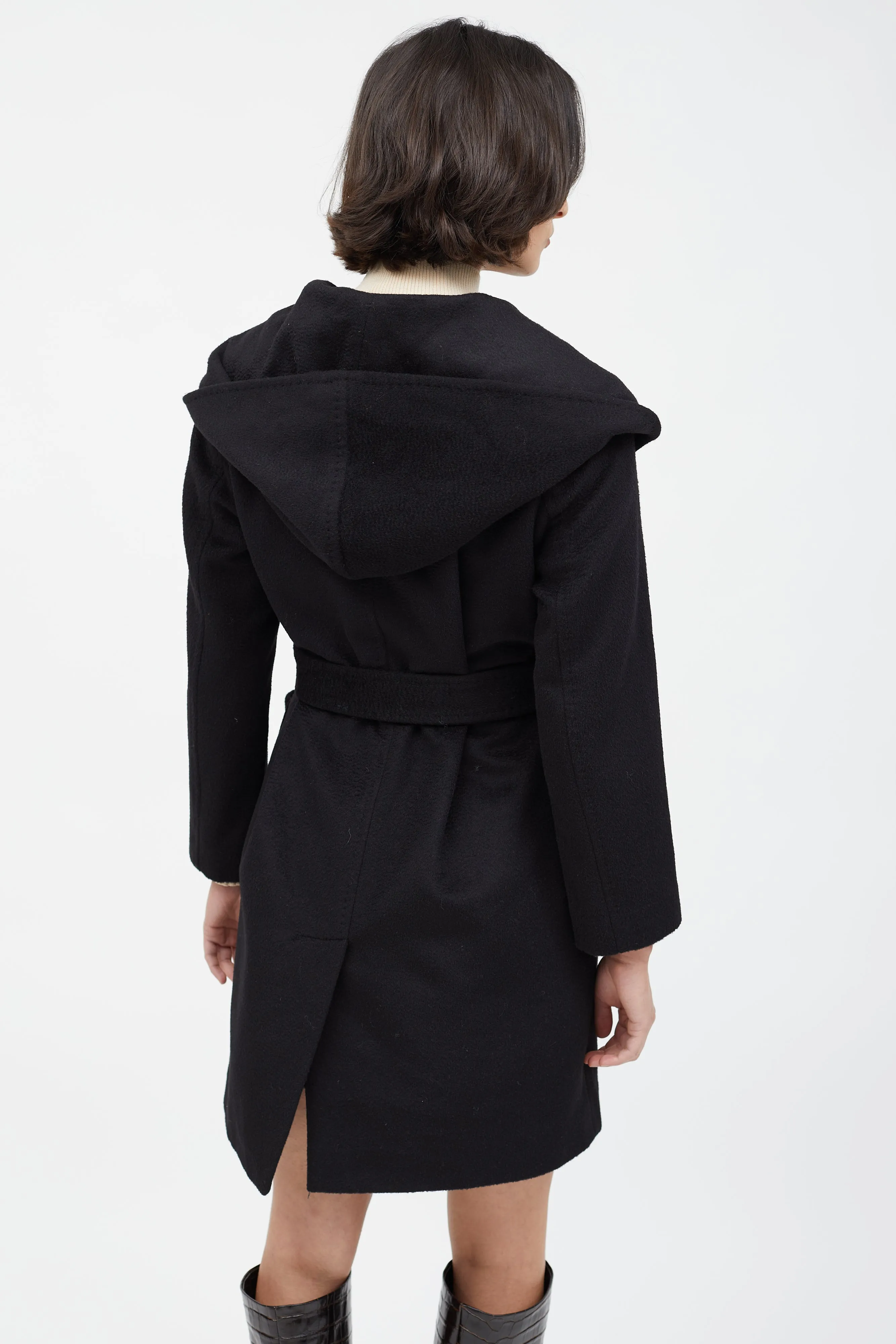 Black Wool Hooded Wrap Coat