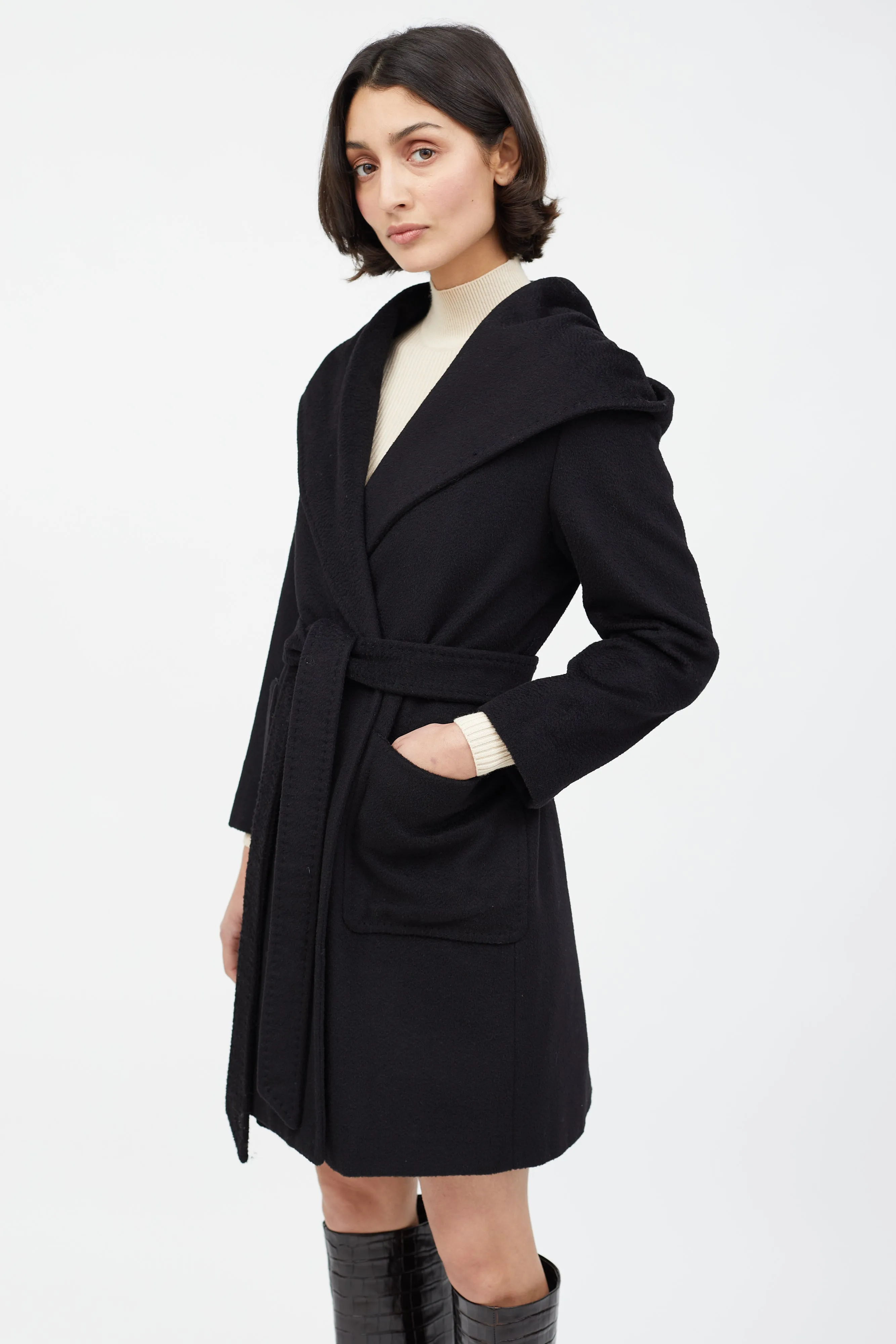 Black Wool Hooded Wrap Coat