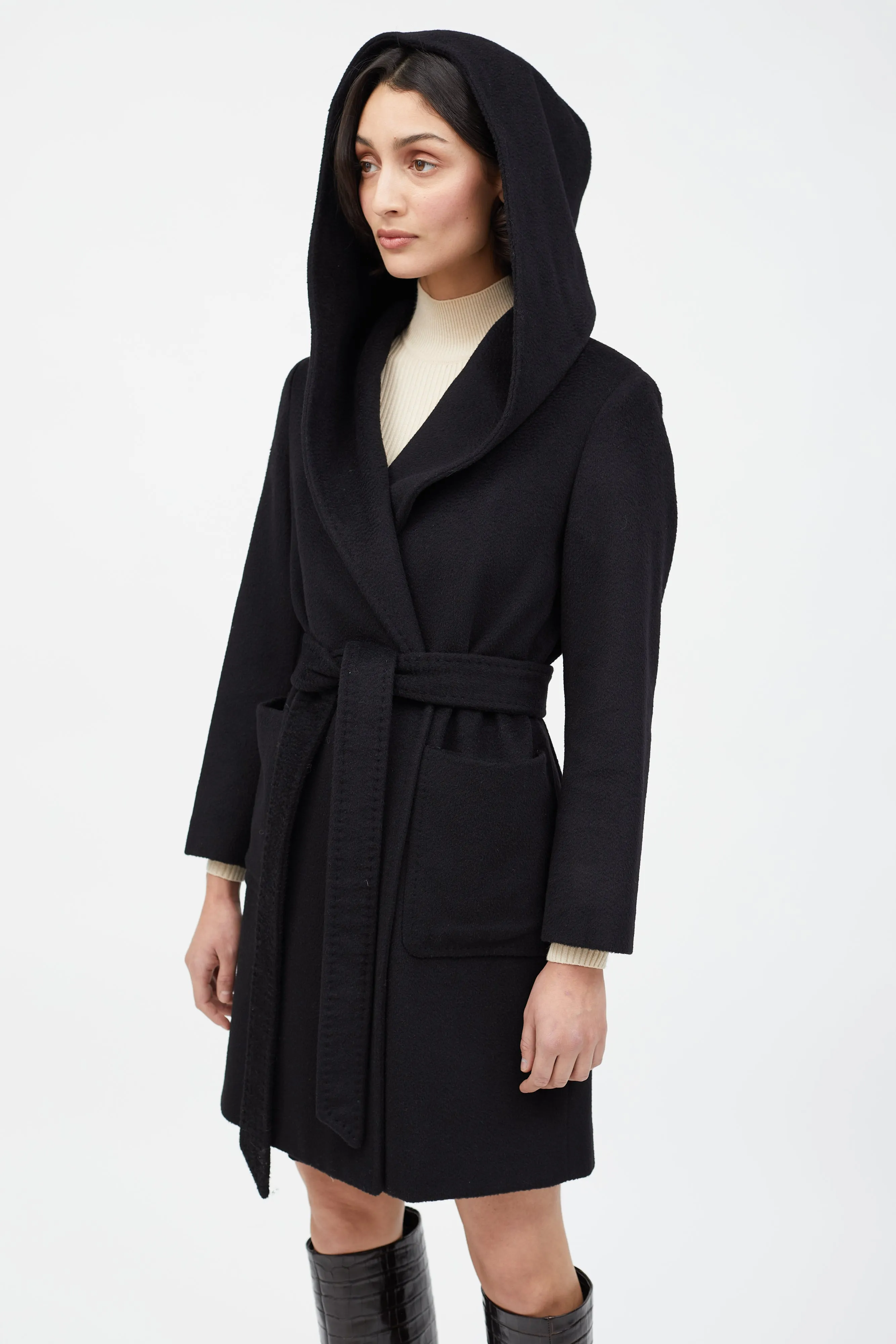 Black Wool Hooded Wrap Coat