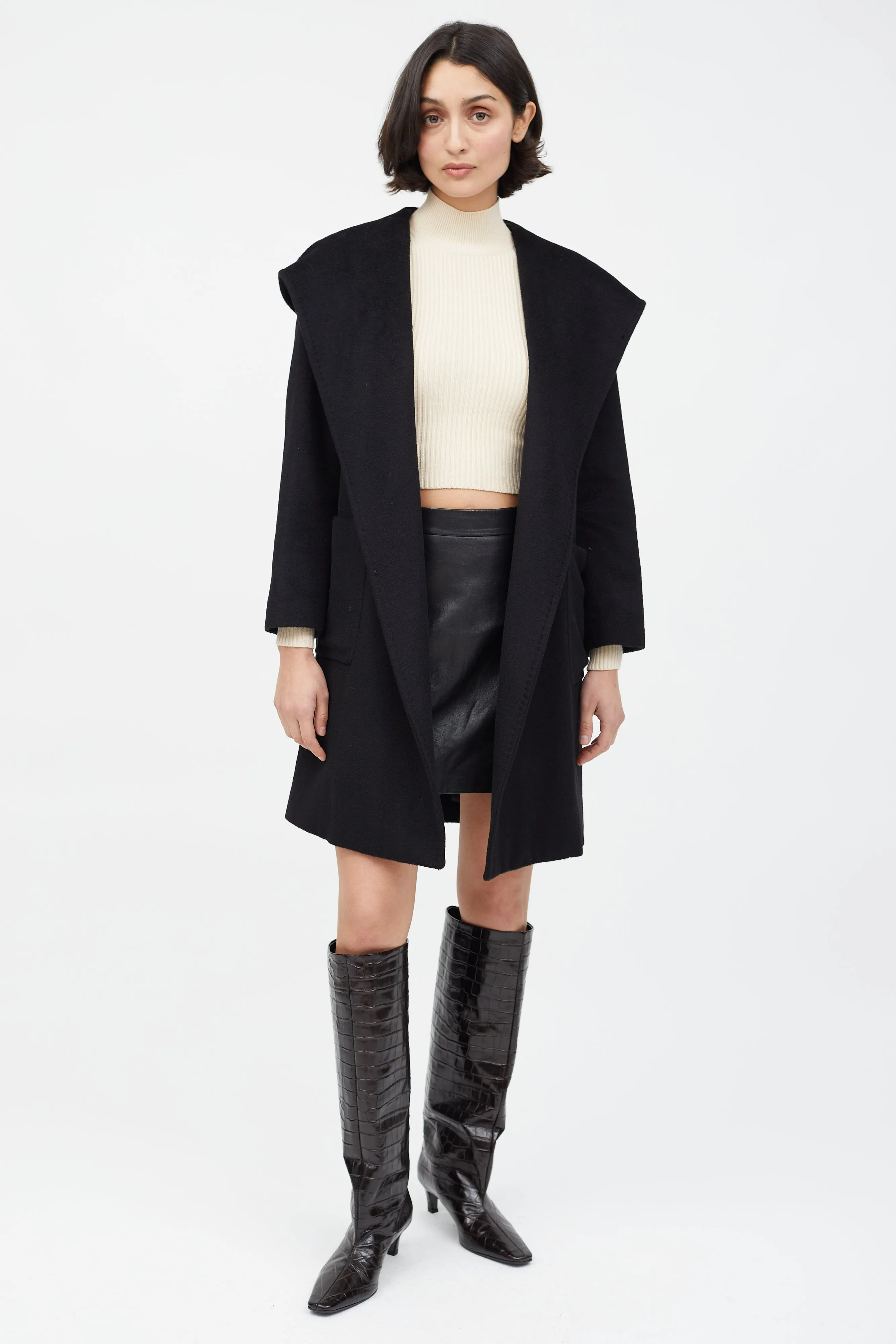 Black Wool Hooded Wrap Coat