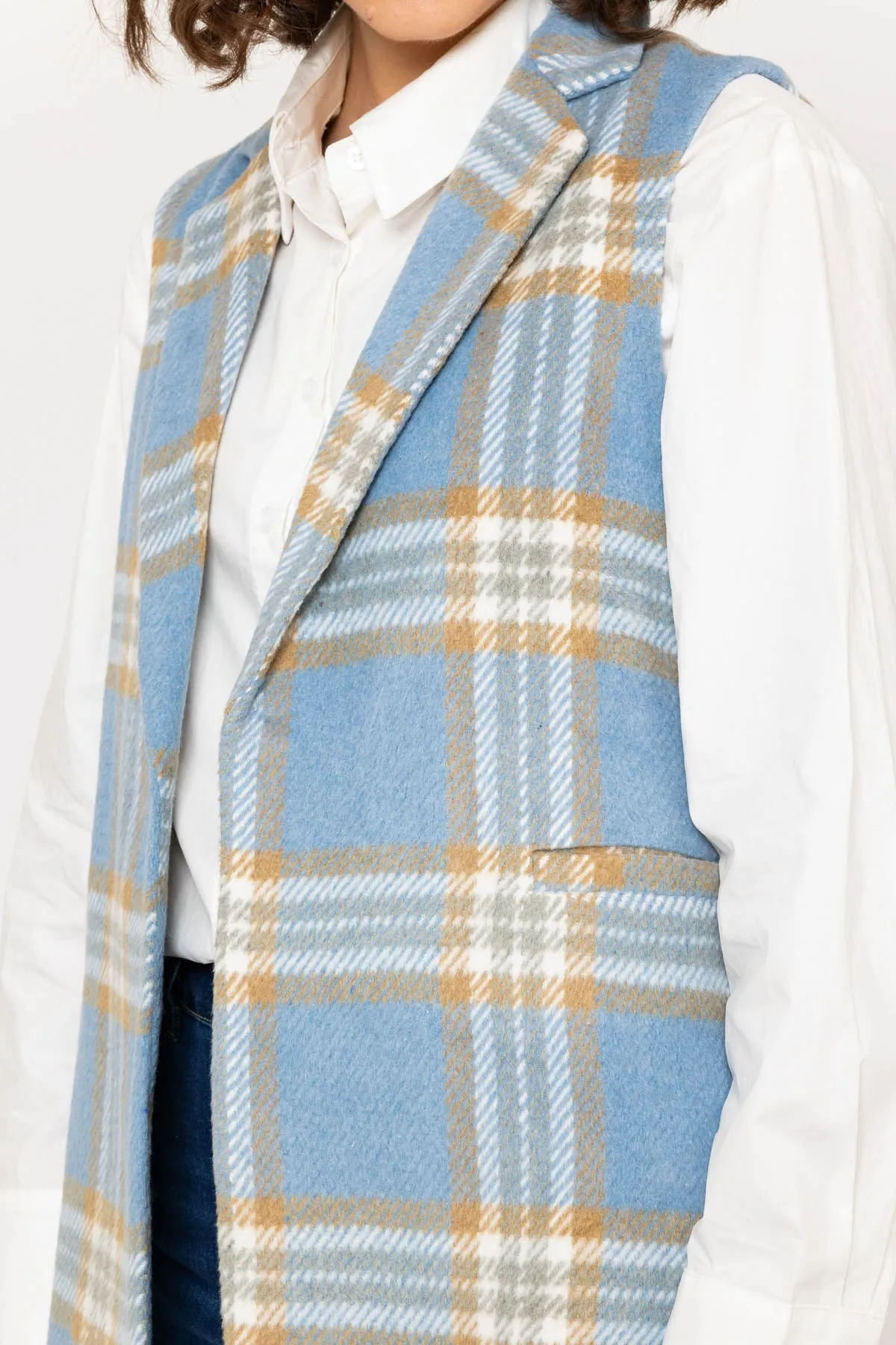 Blue Check Gilet with Notch Lapel Collar