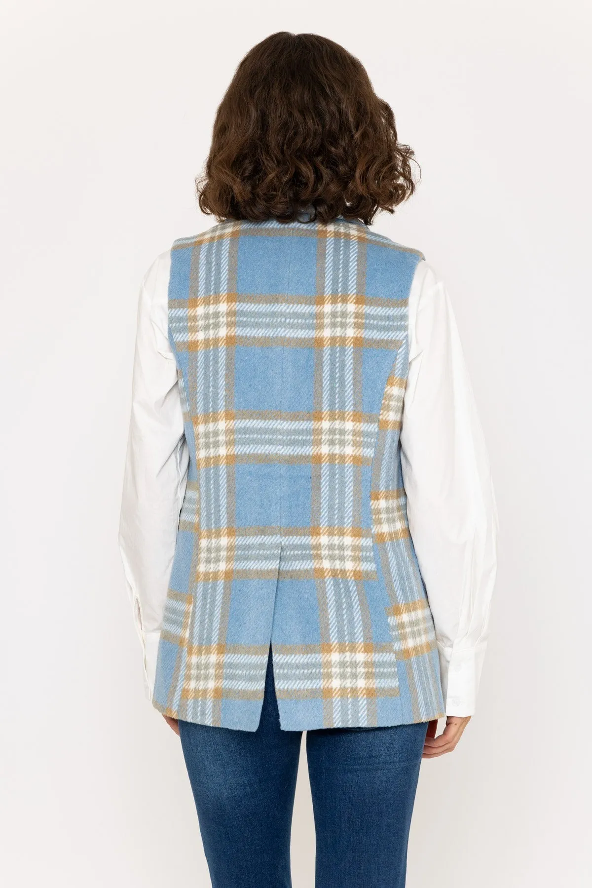 Blue Check Gilet with Notch Lapel Collar