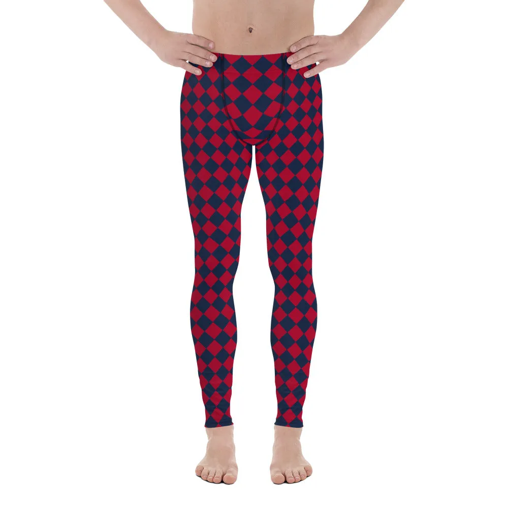 Blue Red Checkered Men's Leggings, Check Pants Men, Men's Plaid Pants, Checkered Pants - Made in USA/EU/MX