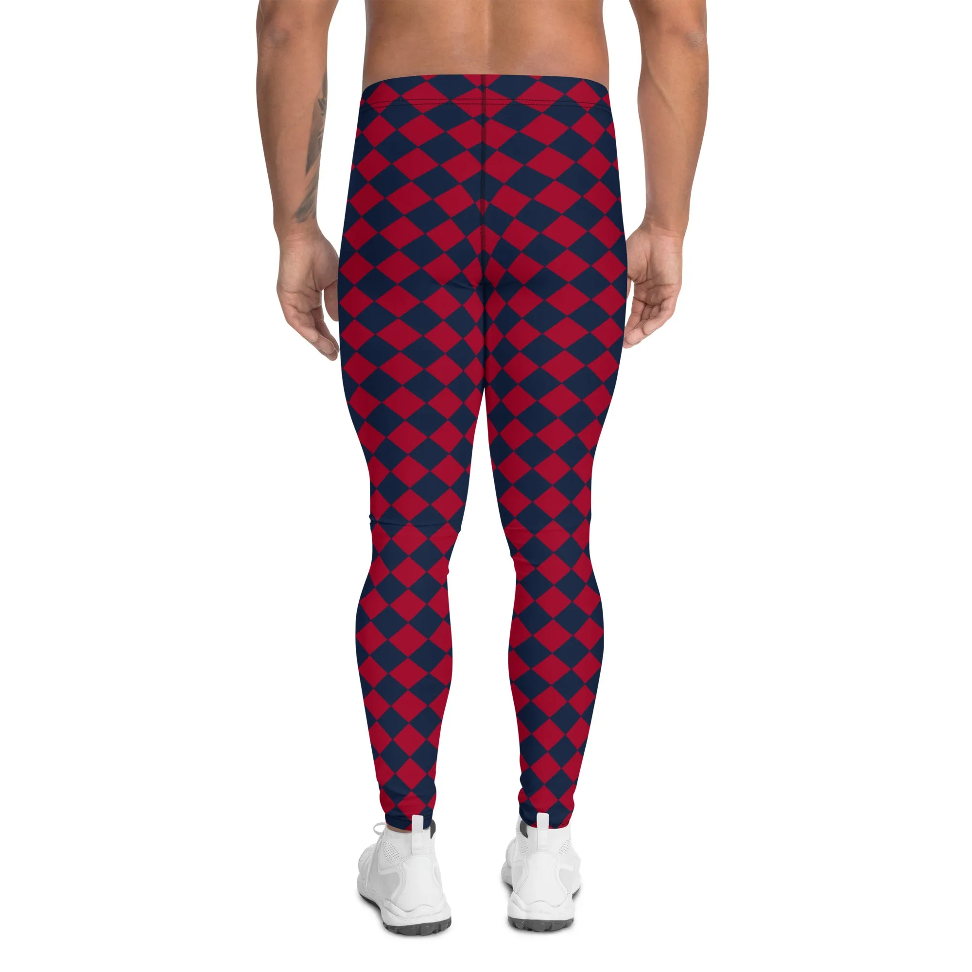 Blue Red Checkered Men's Leggings, Check Pants Men, Men's Plaid Pants, Checkered Pants - Made in USA/EU/MX