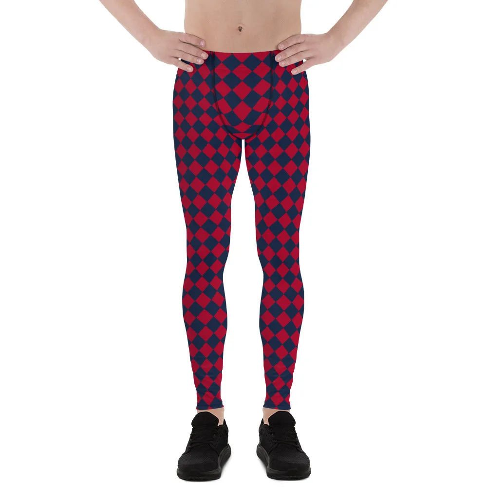 Blue Red Checkered Men's Leggings, Check Pants Men, Men's Plaid Pants, Checkered Pants - Made in USA/EU/MX