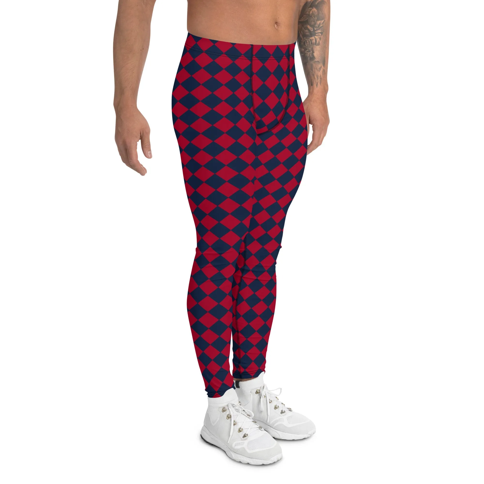 Blue Red Checkered Men's Leggings, Check Pants Men, Men's Plaid Pants, Checkered Pants - Made in USA/EU/MX