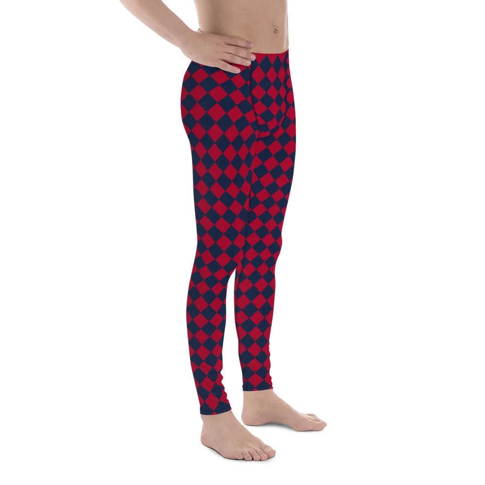 Blue Red Checkered Men's Leggings, Check Pants Men, Men's Plaid Pants, Checkered Pants - Made in USA/EU/MX