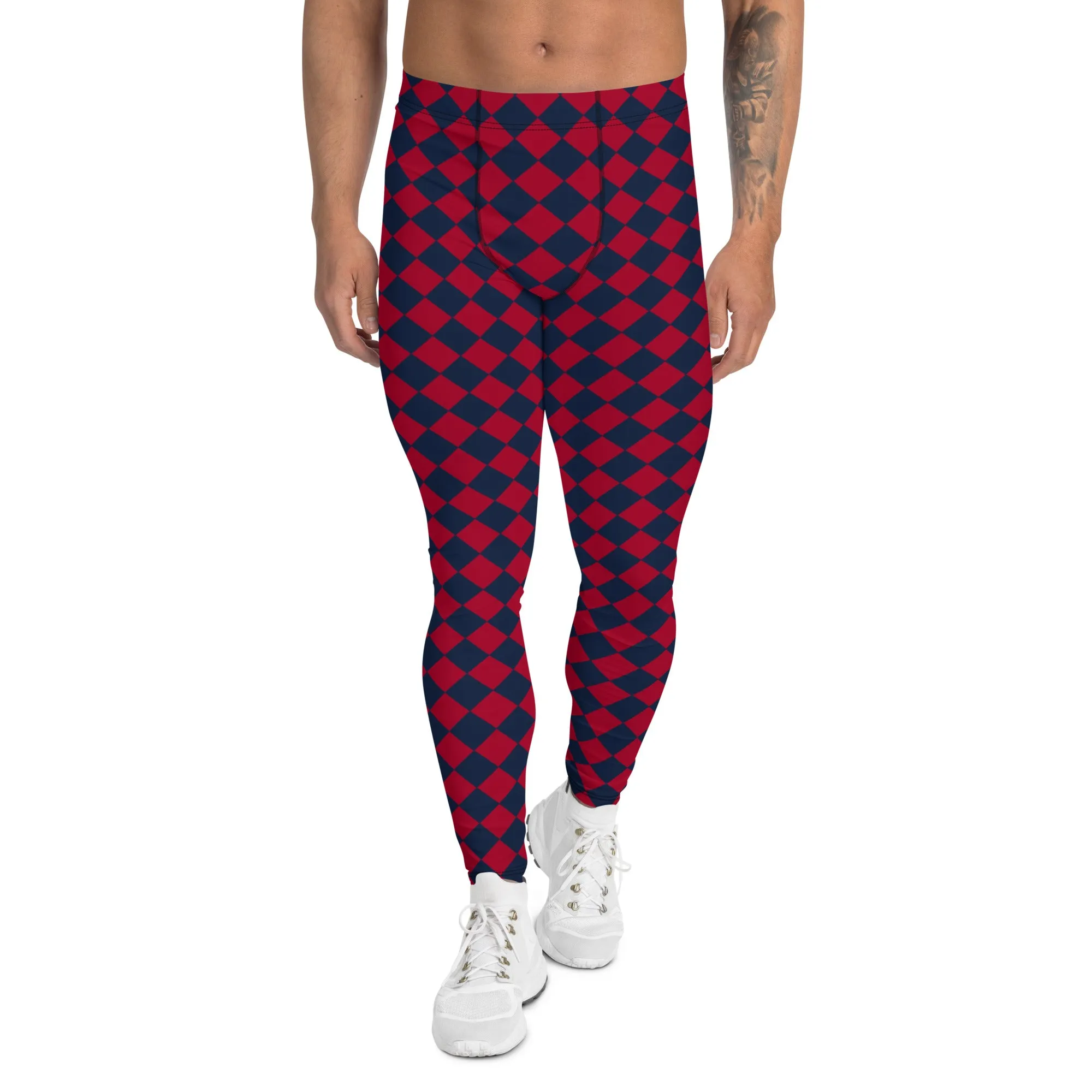 Blue Red Checkered Men's Leggings, Check Pants Men, Men's Plaid Pants, Checkered Pants - Made in USA/EU/MX