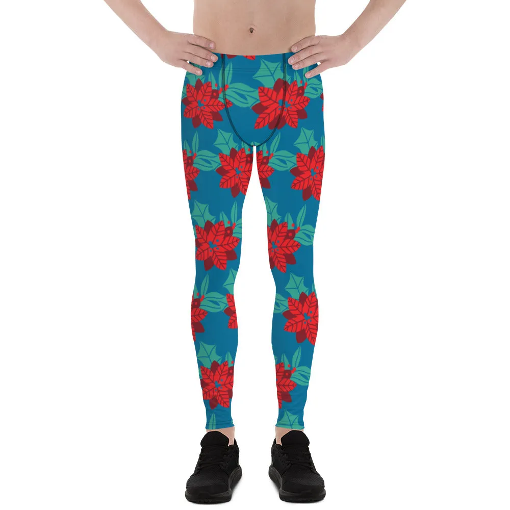 Blue Red Christmas Men's Leggings, Blue & Red Best Xmas Flower Designer Men's Leggings-Made in USA/MX/EU