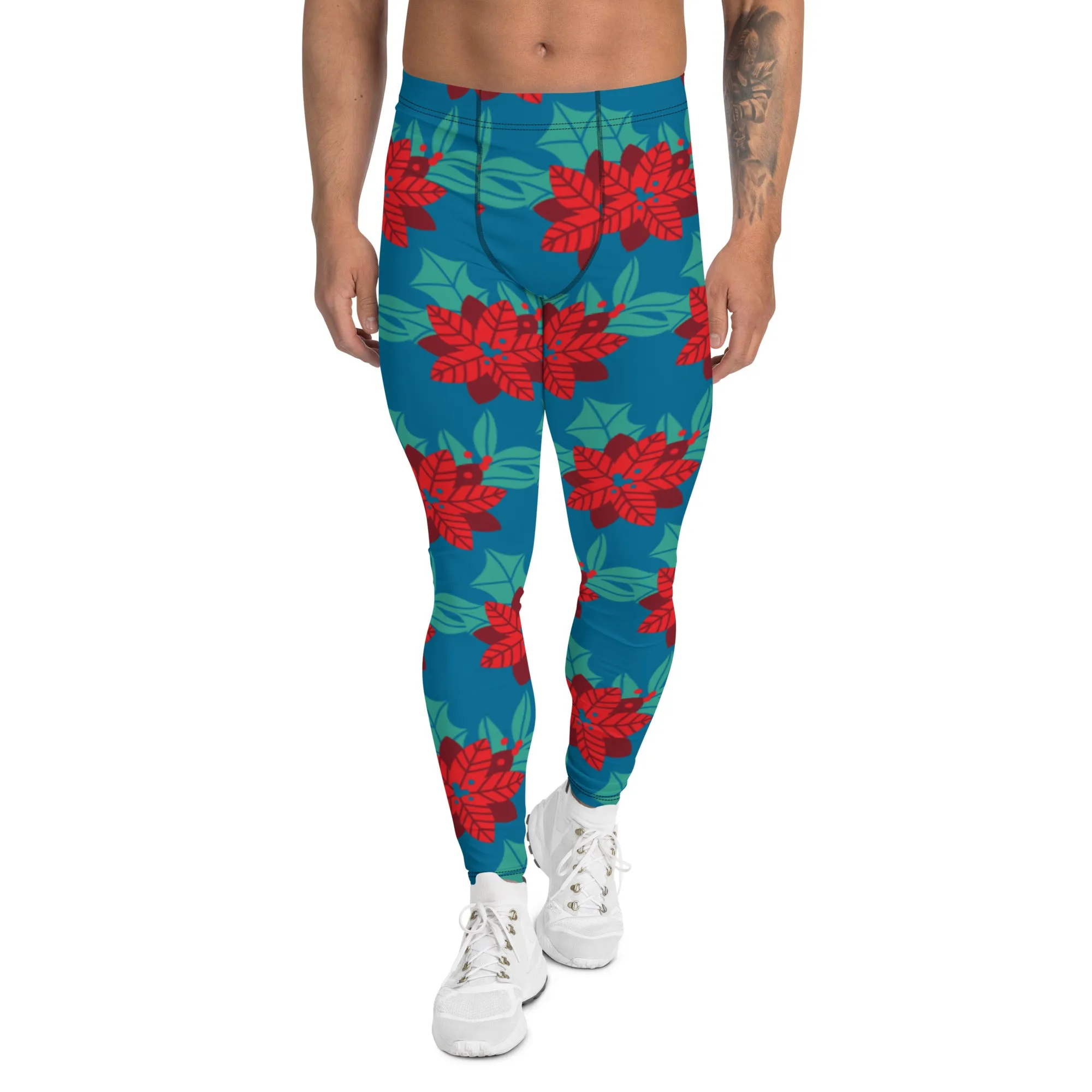 Blue Red Christmas Men's Leggings, Blue & Red Best Xmas Flower Designer Men's Leggings-Made in USA/MX/EU