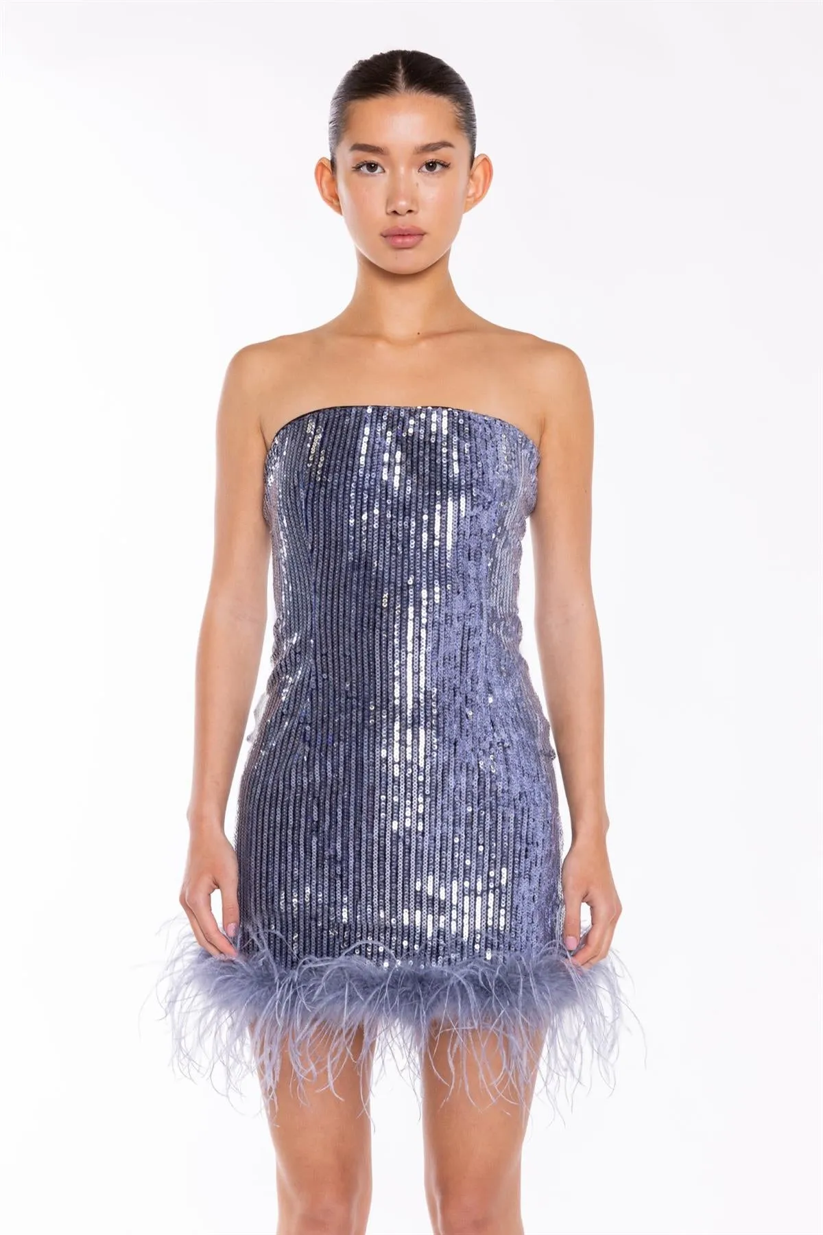 Blue-Sequin Feather-Hem Mini-Dress