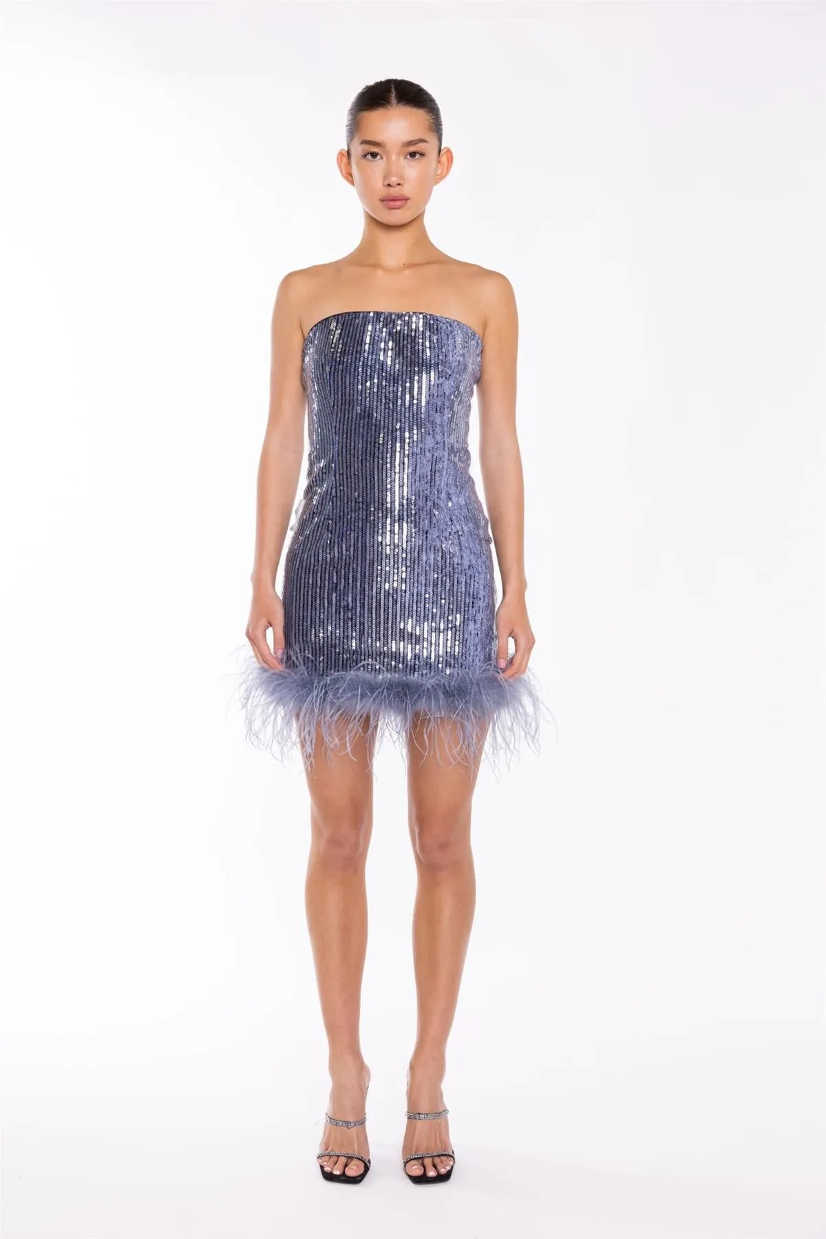 Blue-Sequin Feather-Hem Mini-Dress