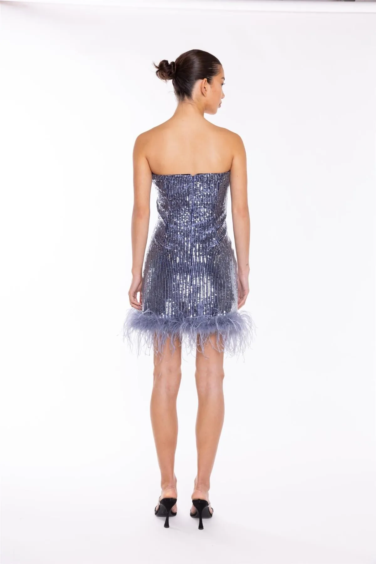 Blue-Sequin Feather-Hem Mini-Dress