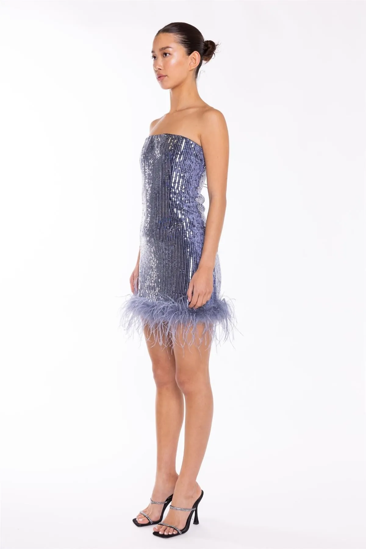 Blue-Sequin Feather-Hem Mini-Dress