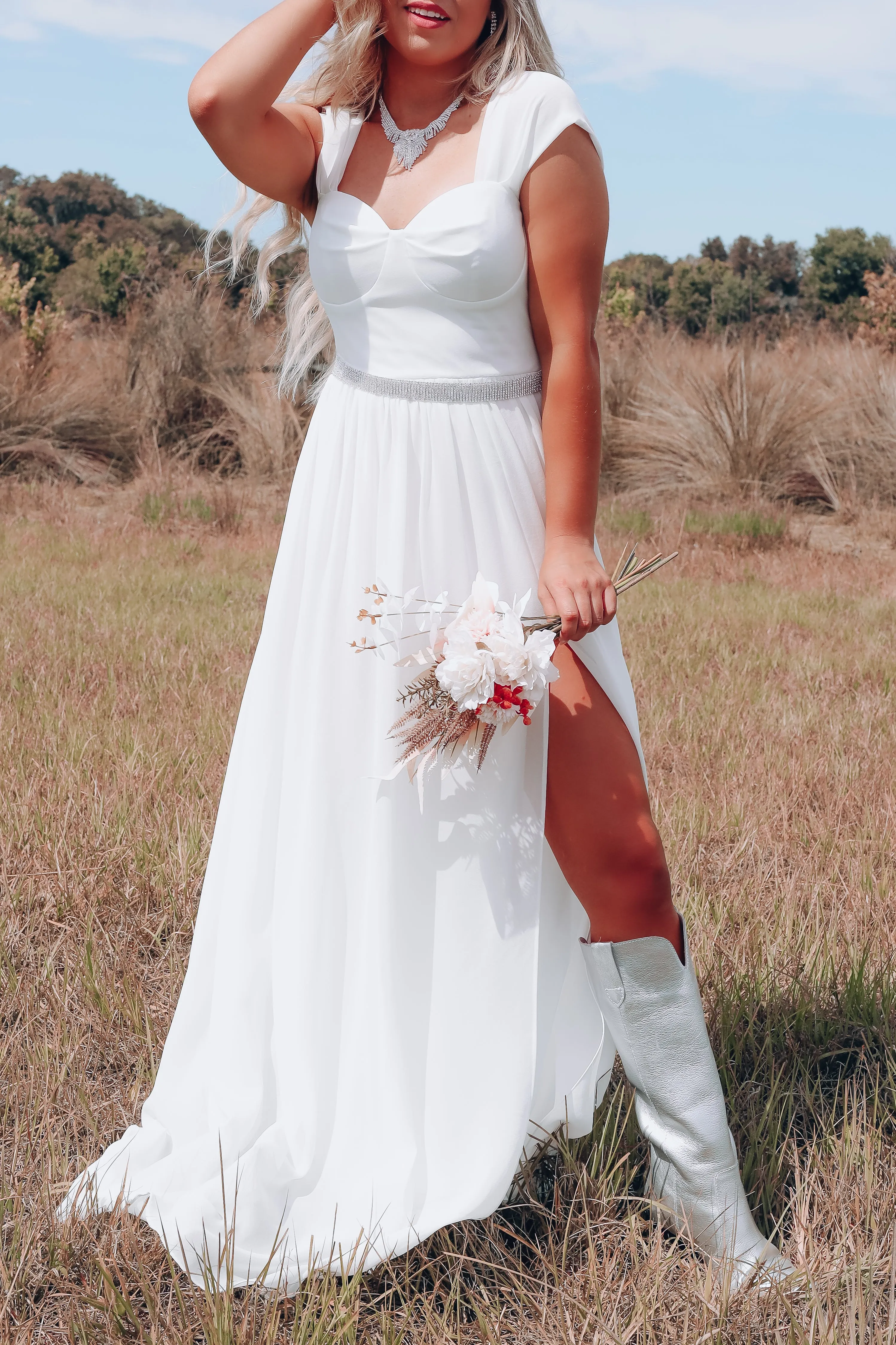 Boho Bride Off Shoulder Cap Sleeve Dress - Ivory