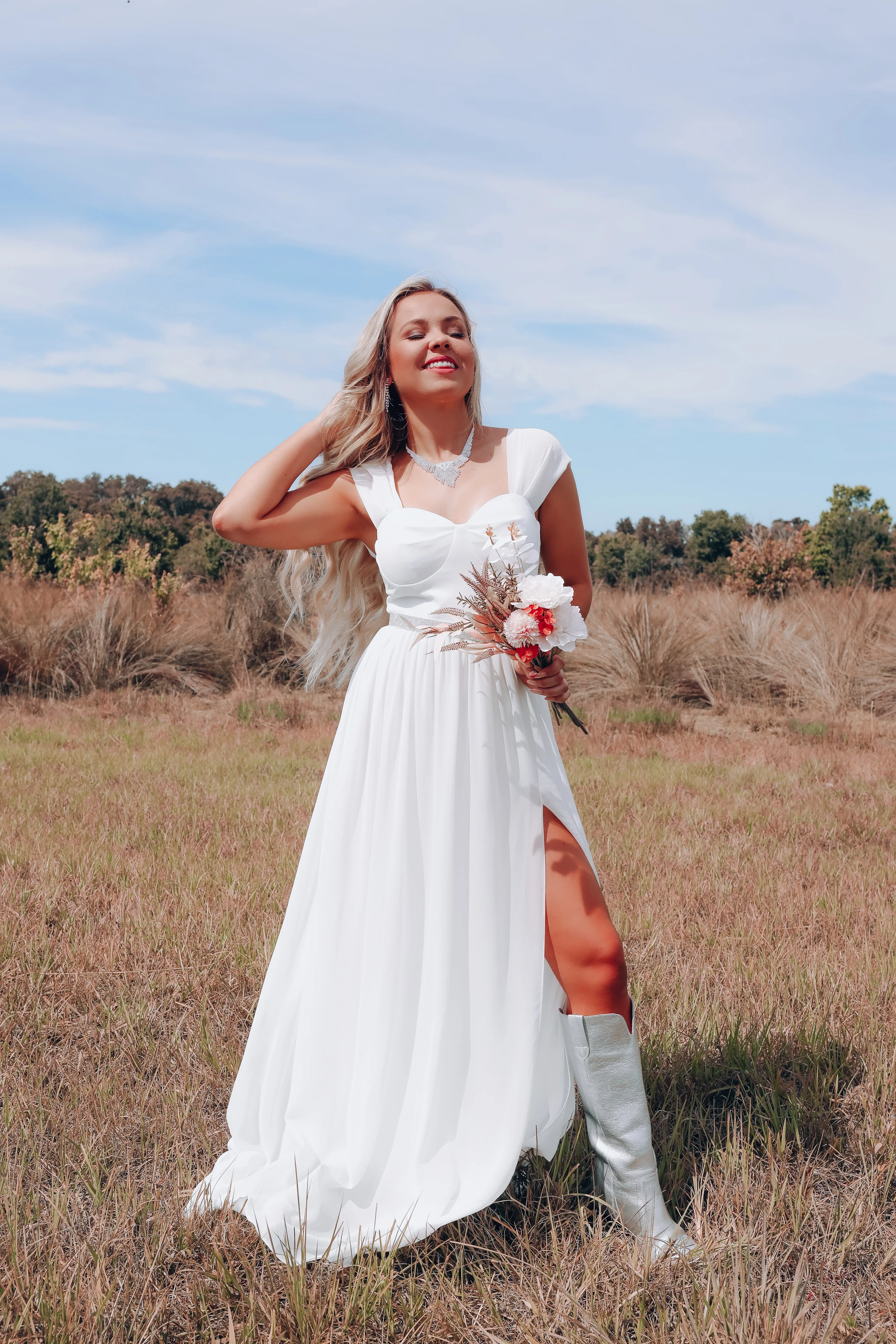 Boho Bride Off Shoulder Cap Sleeve Dress - Ivory