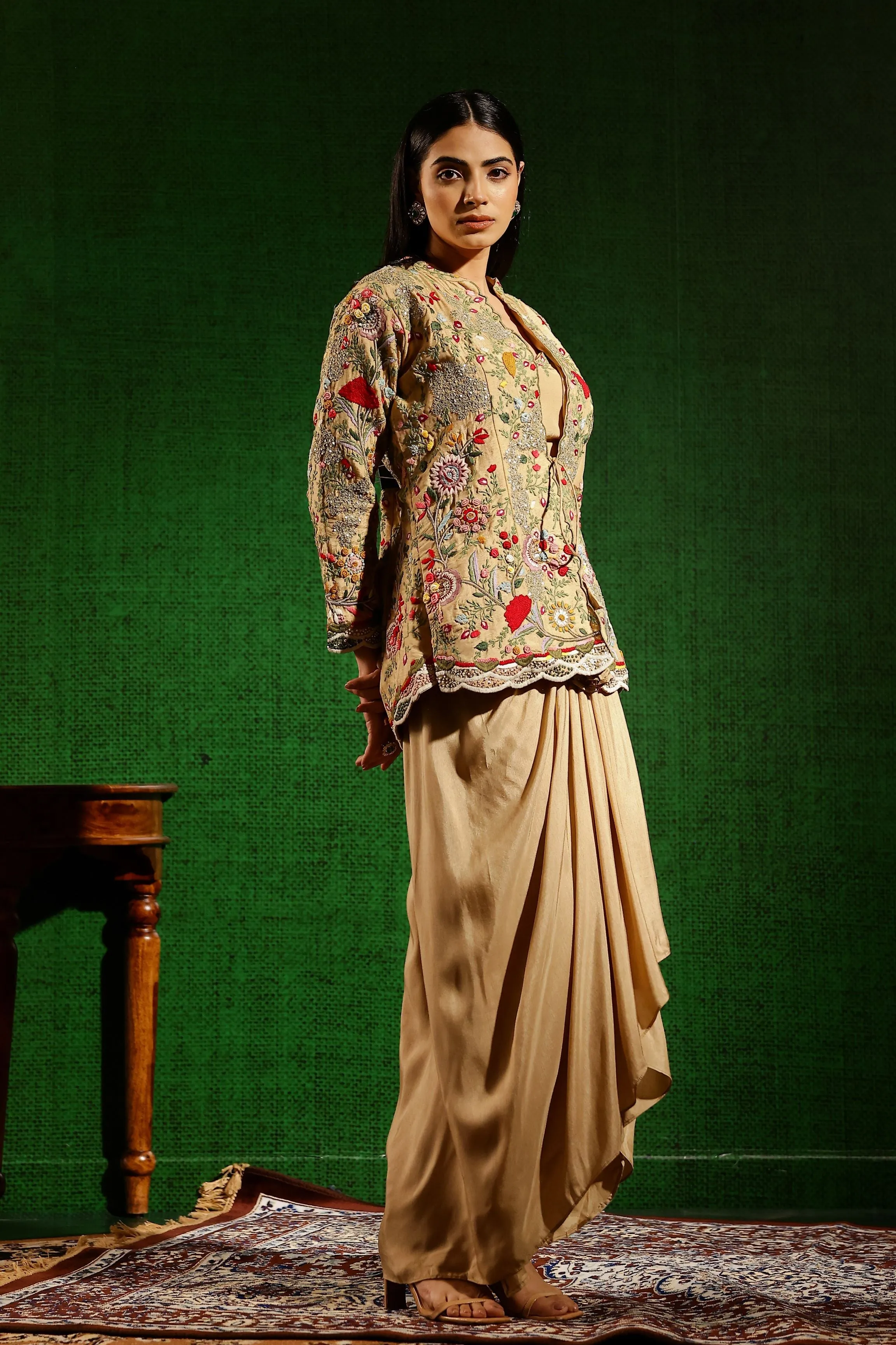 Bronze Beige Embroidered Belgium Silk Jacket Skirt Set