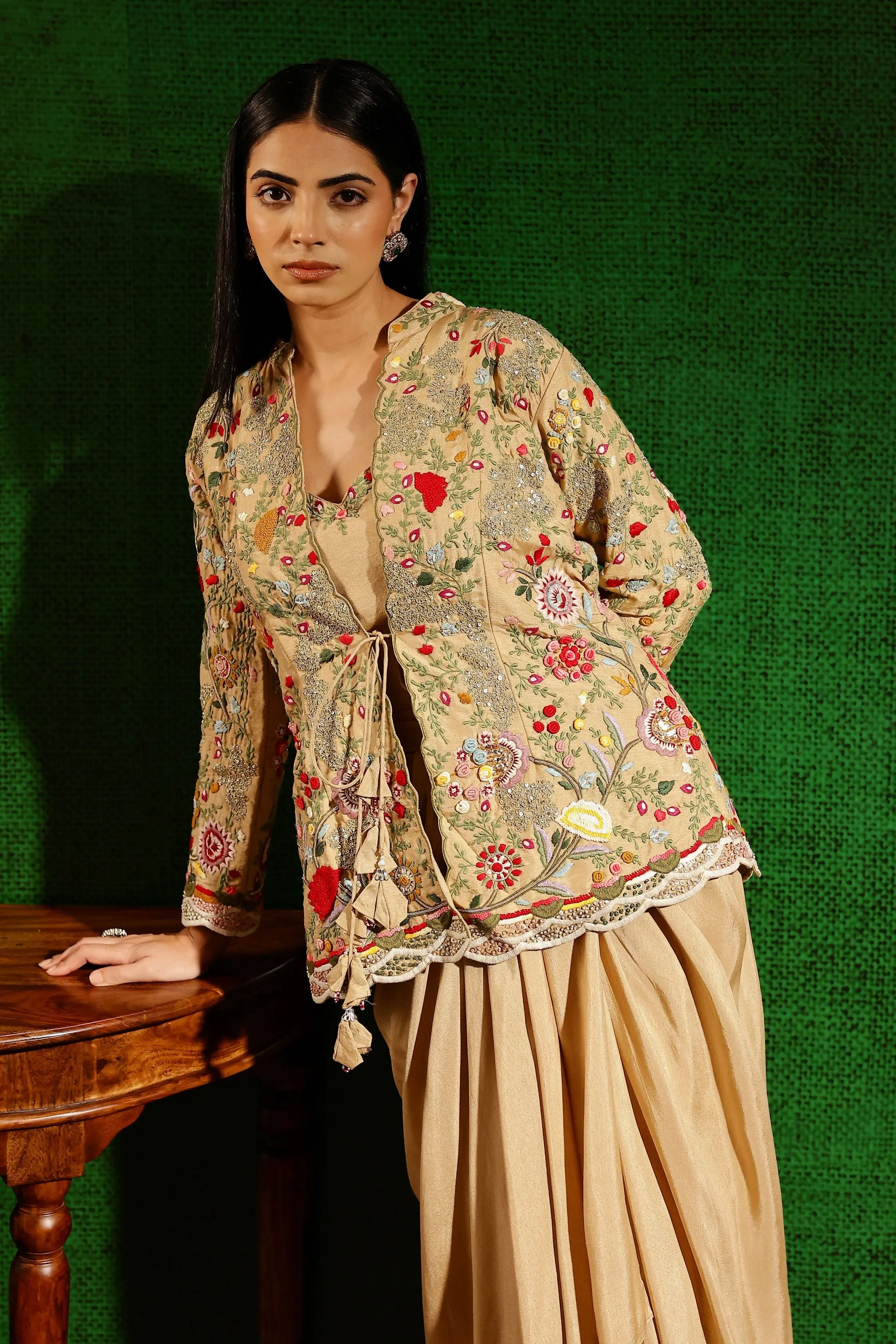 Bronze Beige Embroidered Belgium Silk Jacket Skirt Set