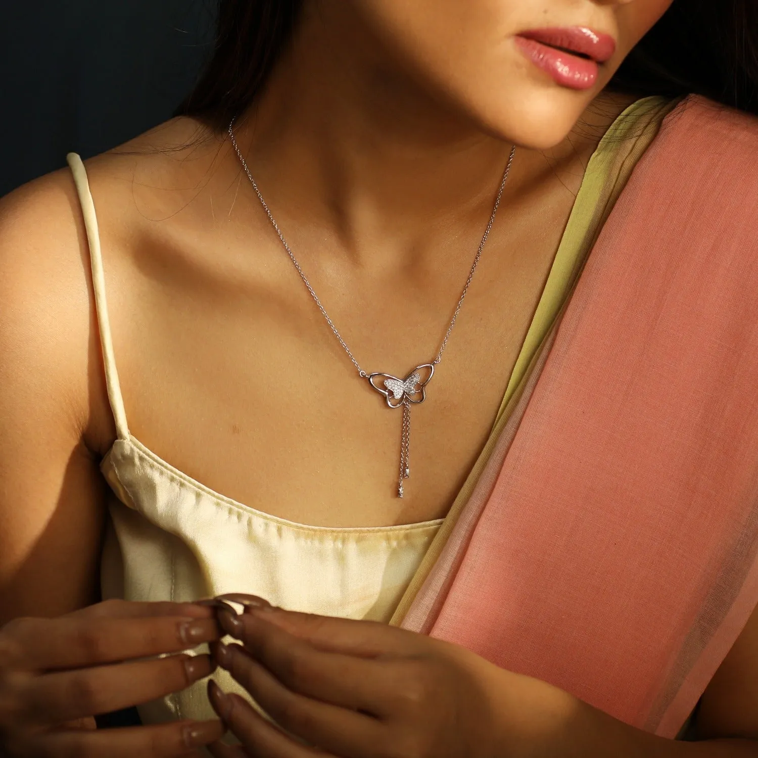 Butterfly Drop CZ Charm Delicate Silver Necklace