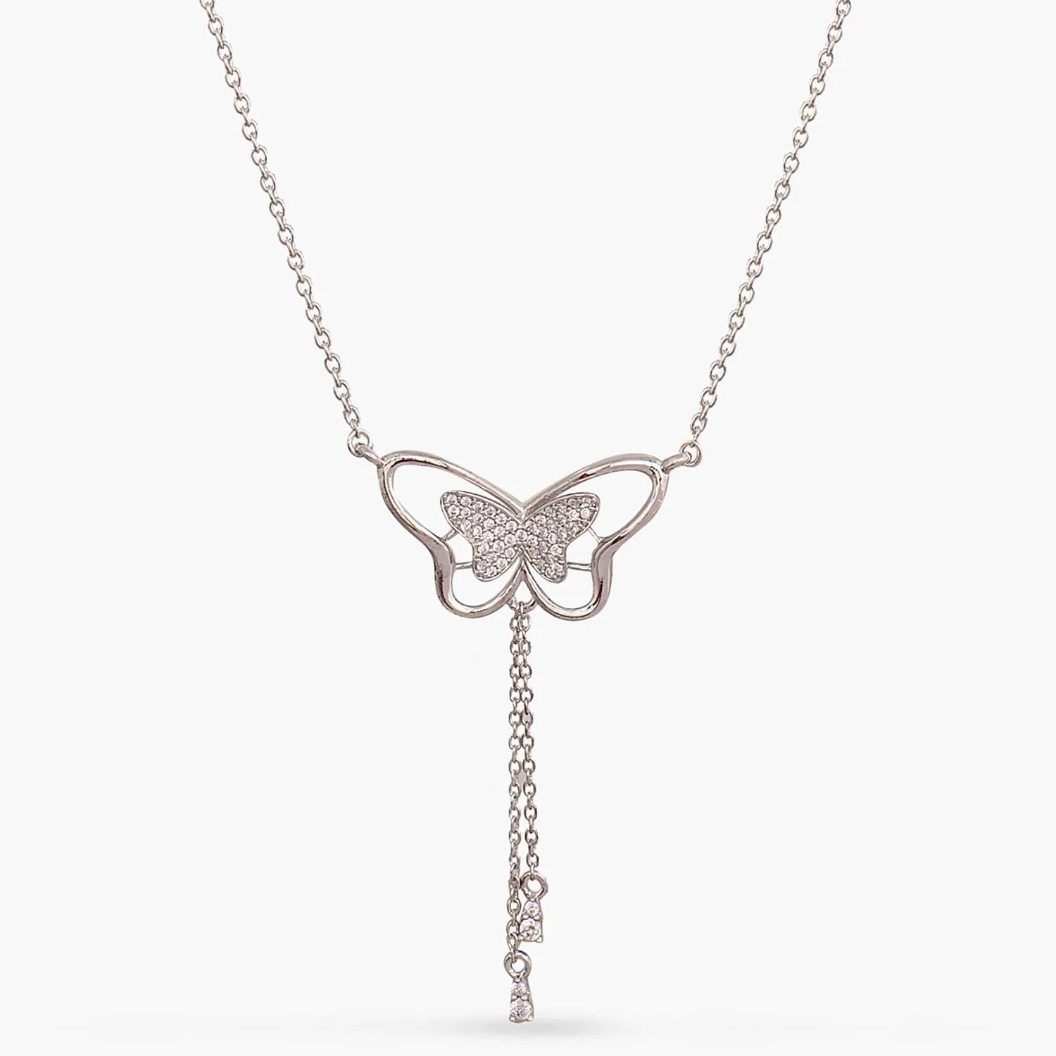 Butterfly Drop CZ Charm Delicate Silver Necklace