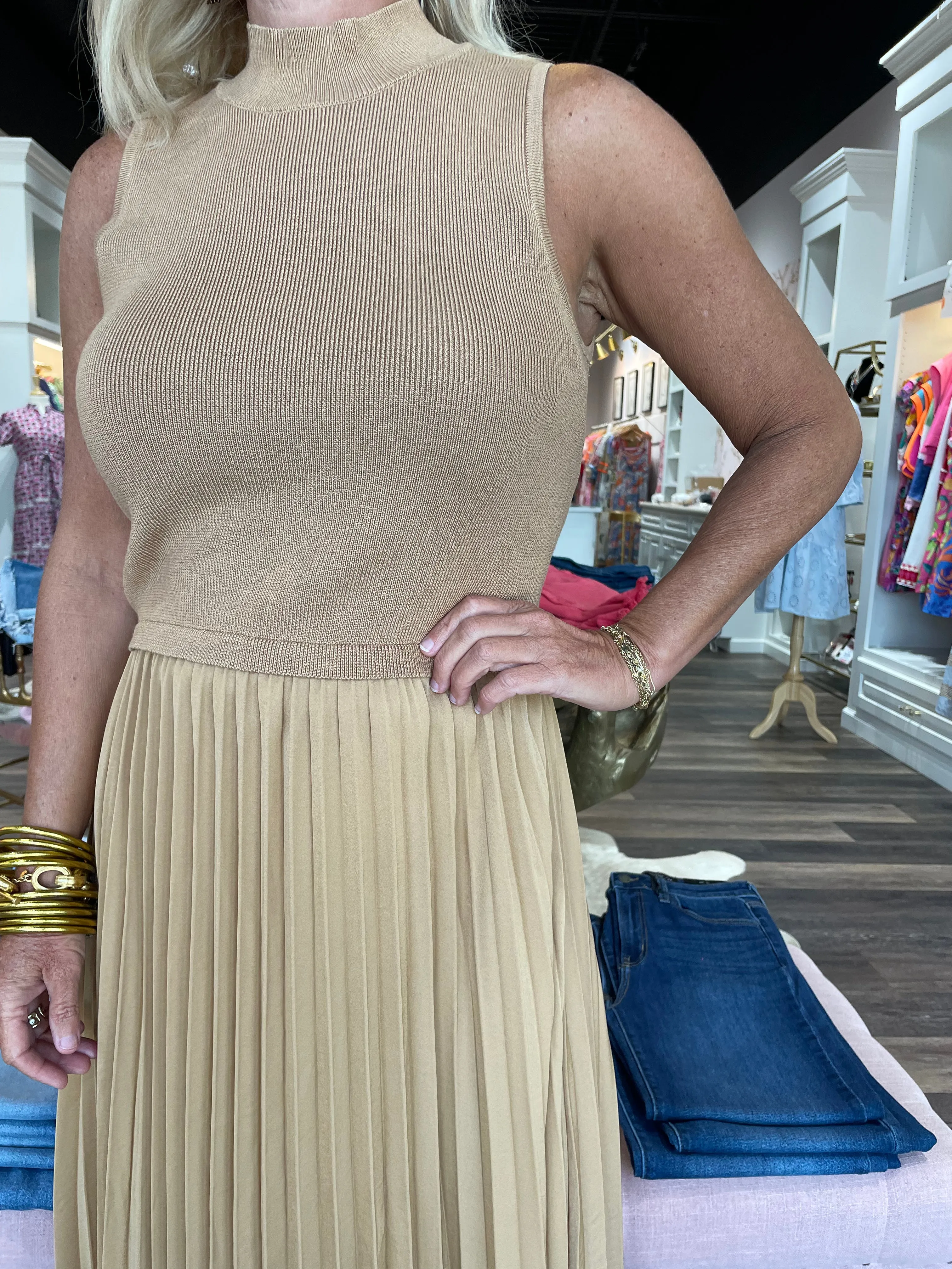 Camel Pleated Dress