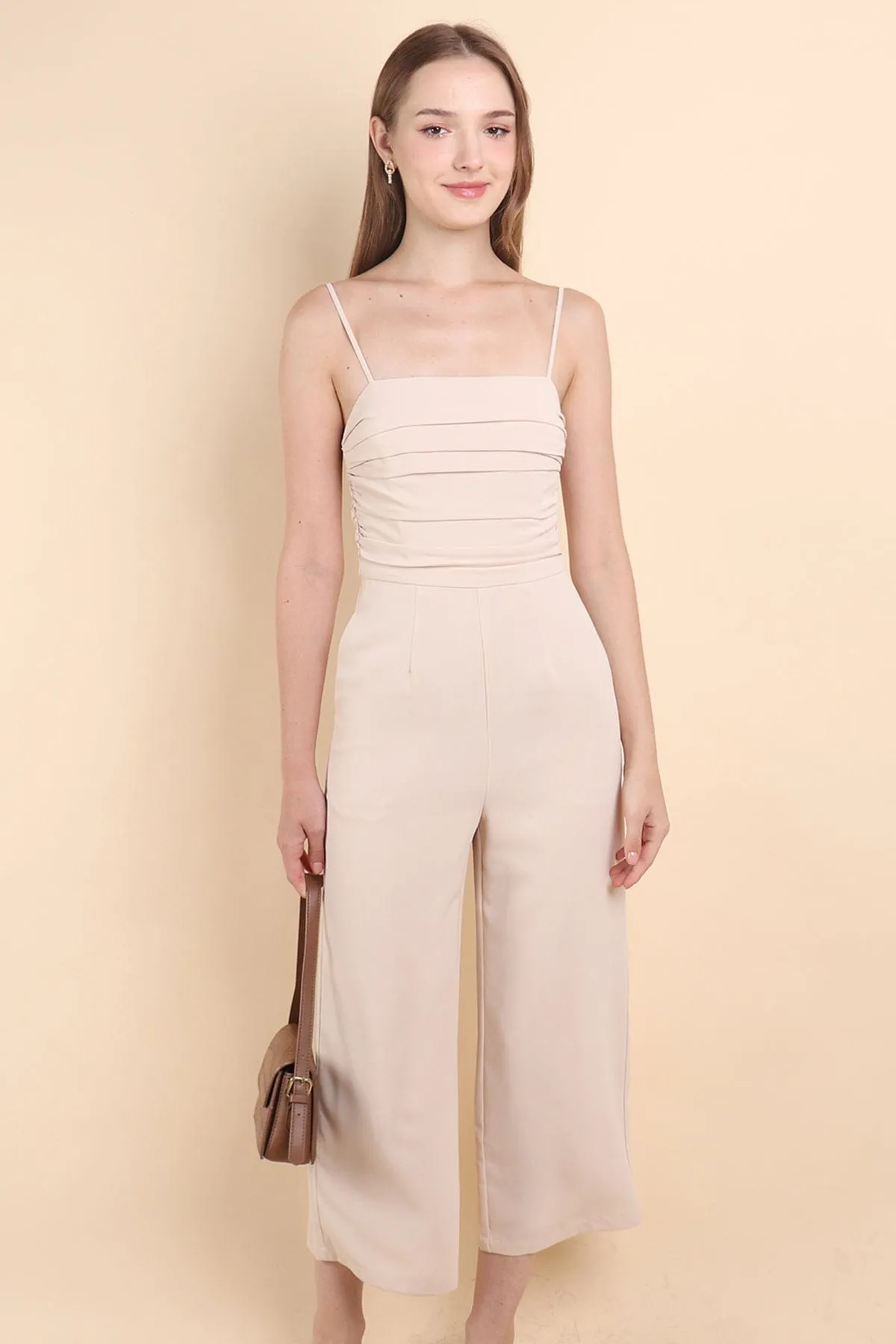 CAMRYN RUCHED JUMPSUIT ROMPER IN BEIGE ECRU