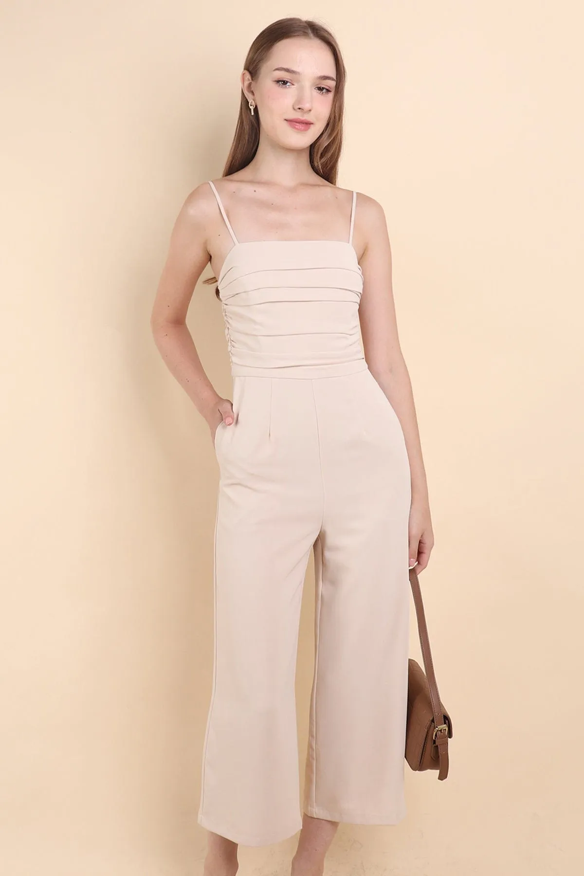 CAMRYN RUCHED JUMPSUIT ROMPER IN BEIGE ECRU