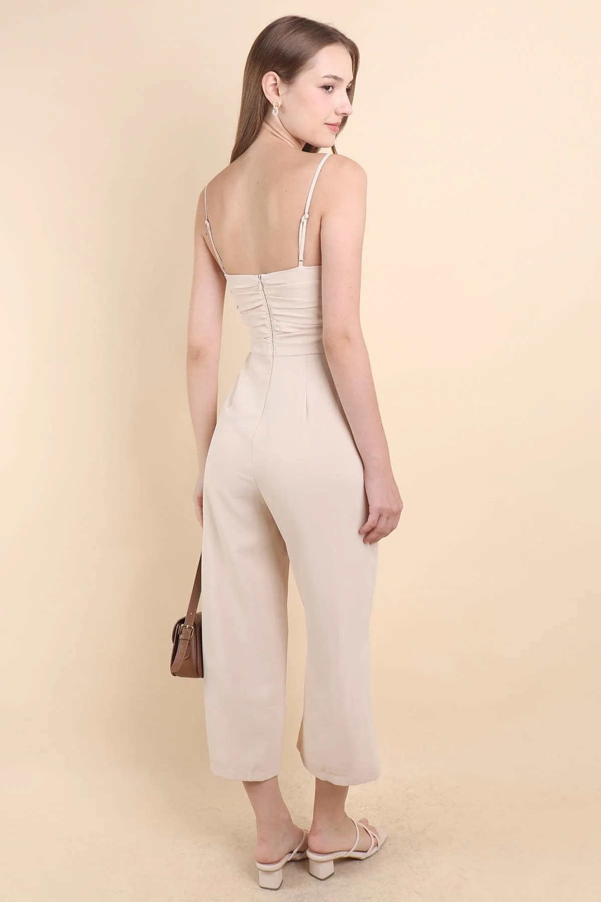 CAMRYN RUCHED JUMPSUIT ROMPER IN BEIGE ECRU