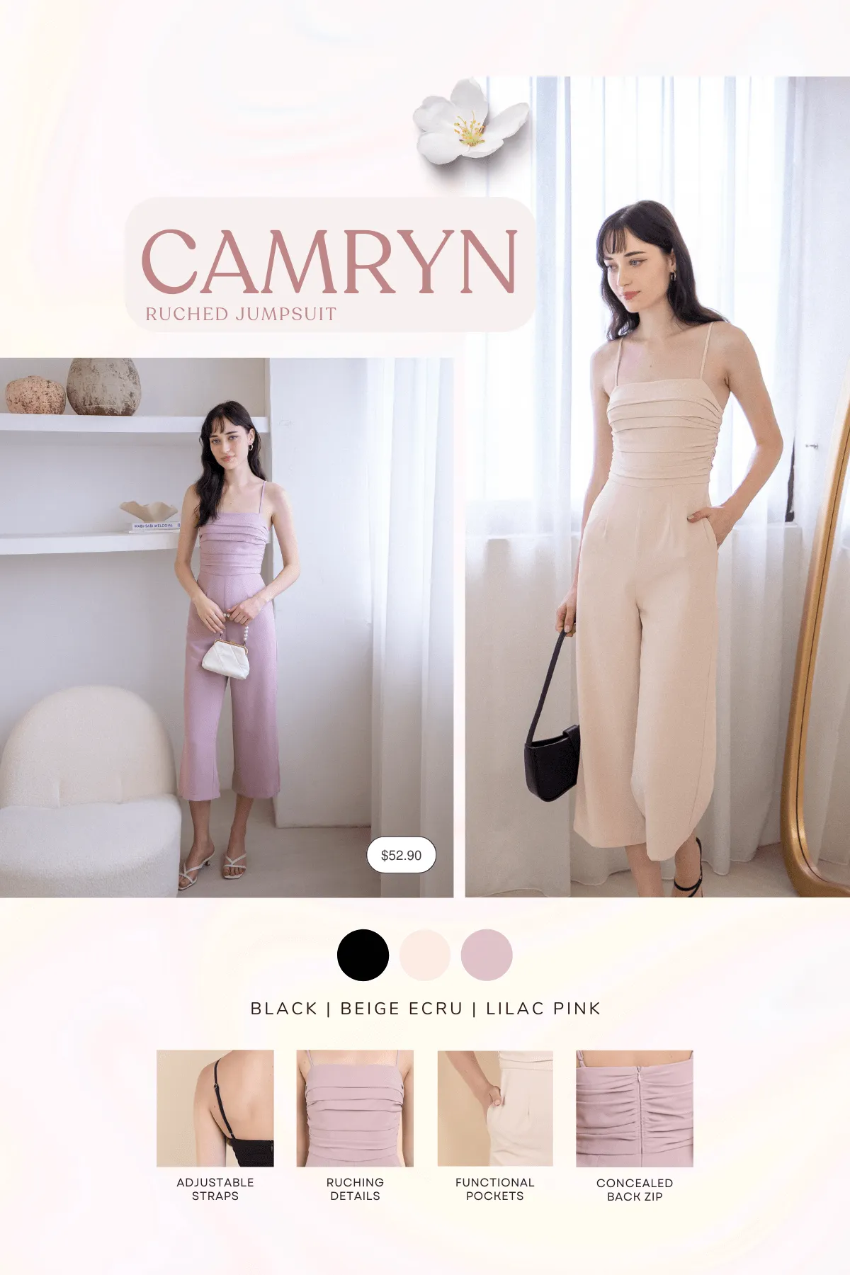 CAMRYN RUCHED JUMPSUIT ROMPER IN BEIGE ECRU